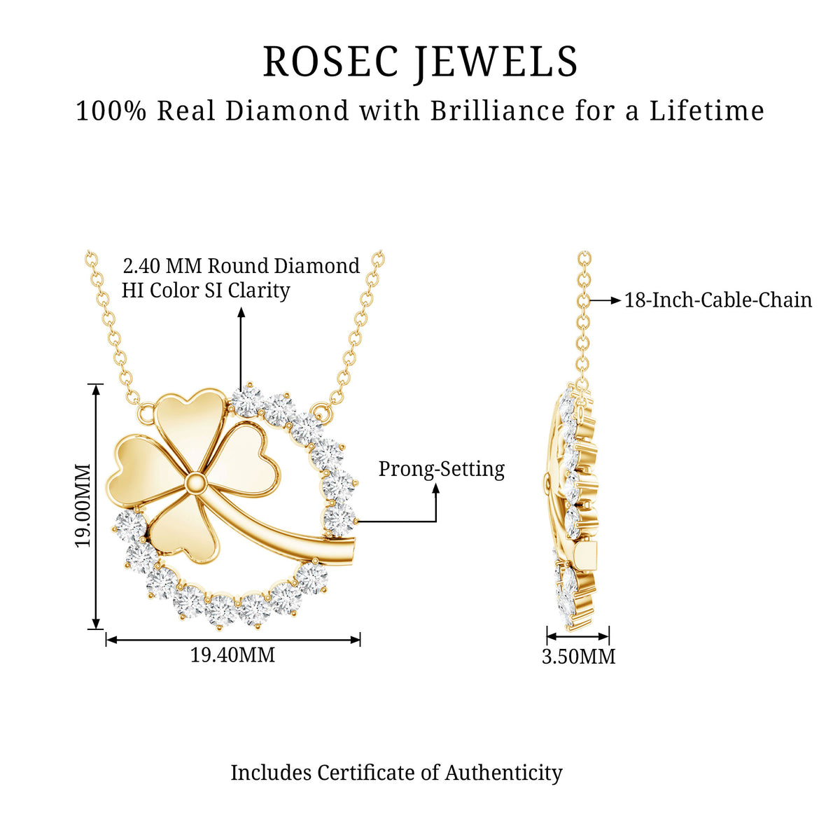 Certified Diamond Lucky 4 Leaf Necklace Natural - ( HI-SI ) - Rosec Jewels