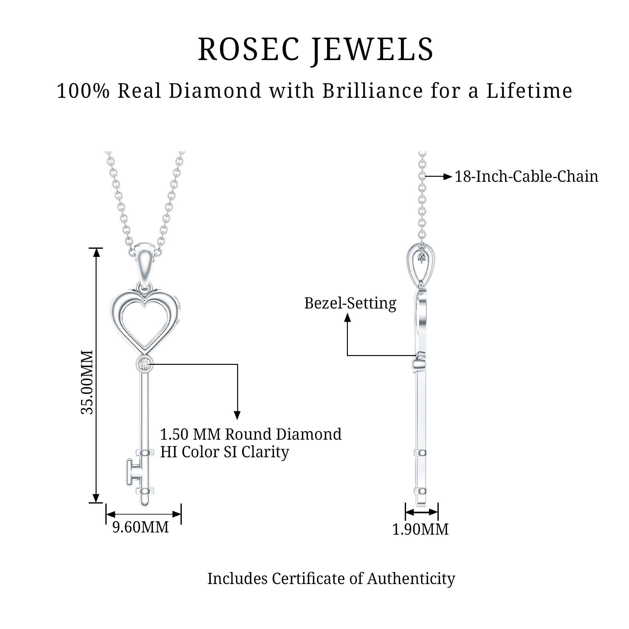 Diamond Heart Key Pendant Necklace For Women Natural - ( HI-SI ) - Rosec Jewels
