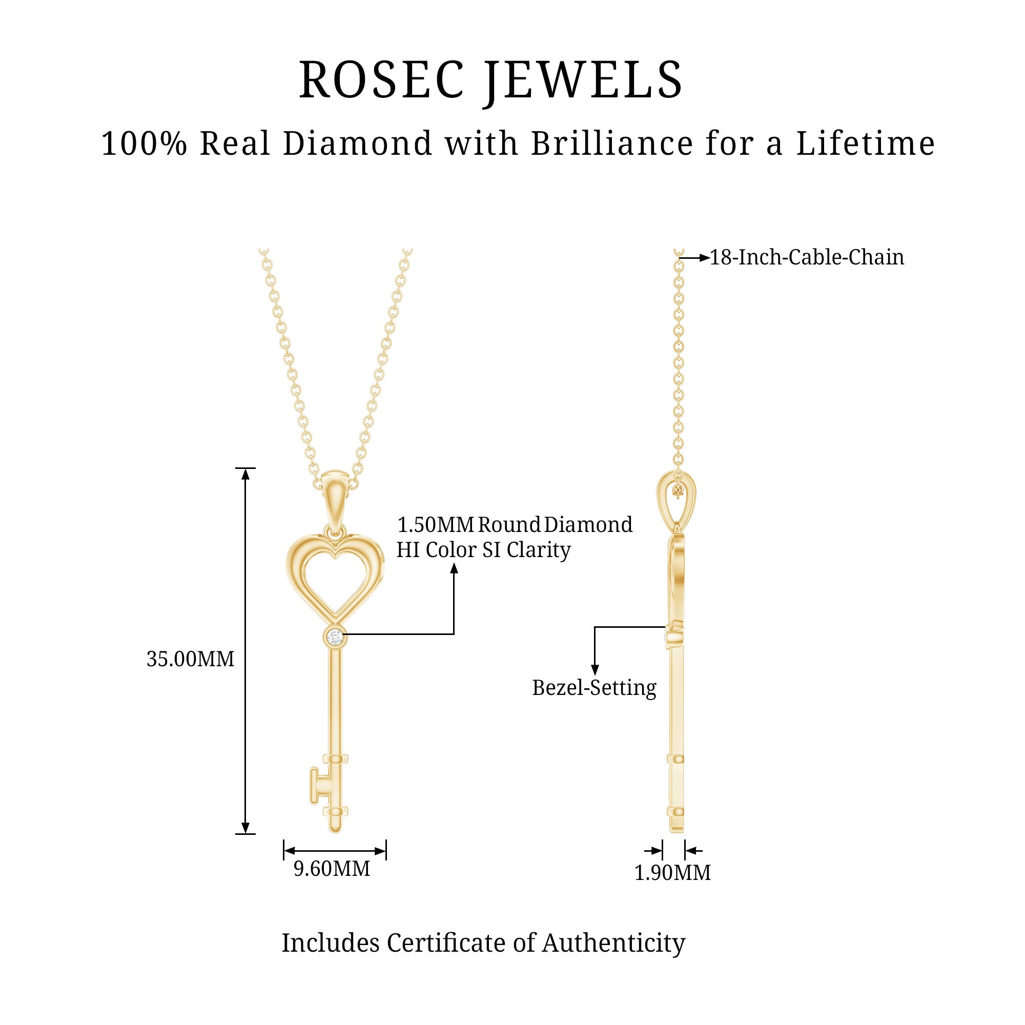 Rosec Jewels-1.5 MM Round Diamond Heart Key Pendant Necklace