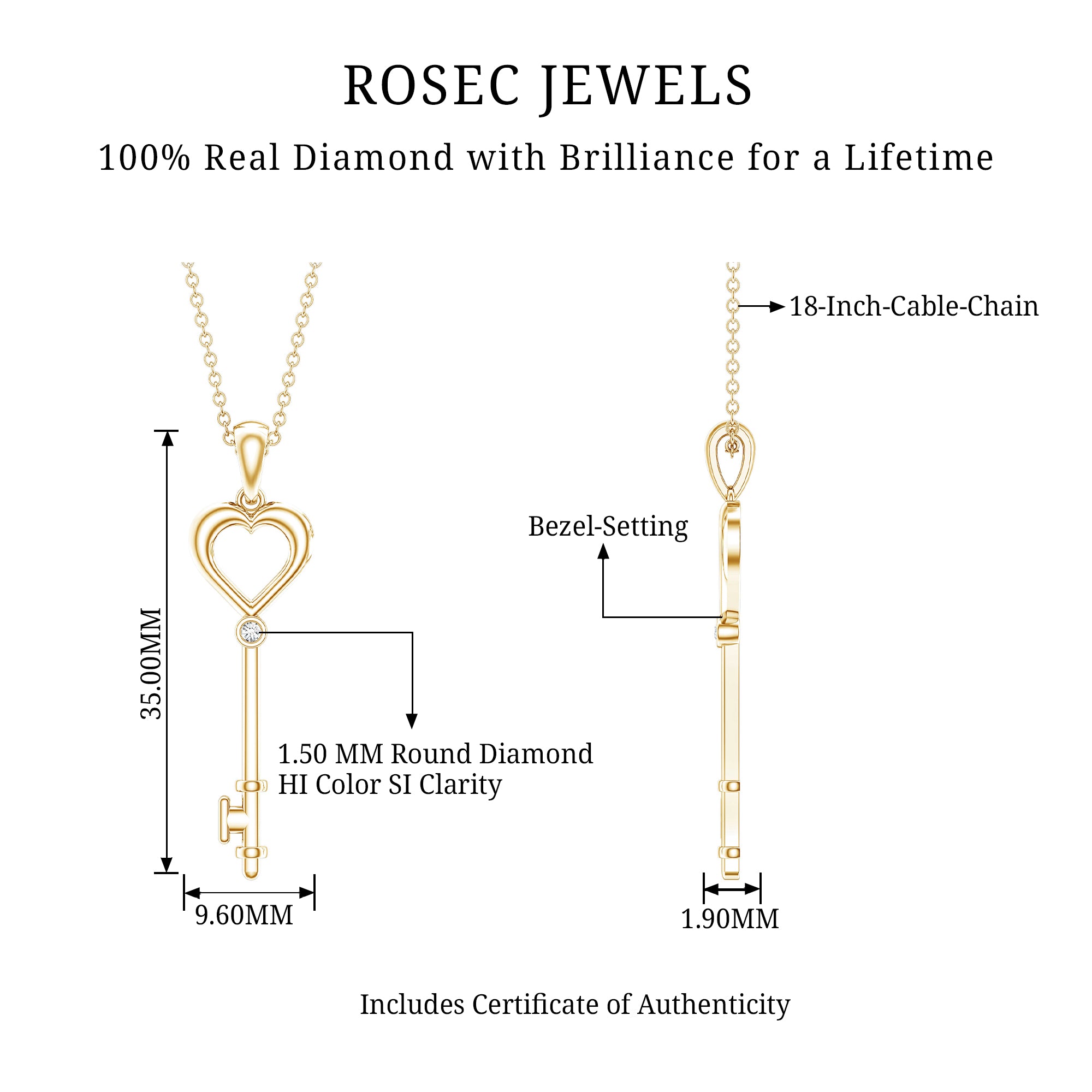 Diamond Heart Key Pendant Necklace For Women Natural - ( HI-SI ) - Rosec Jewels