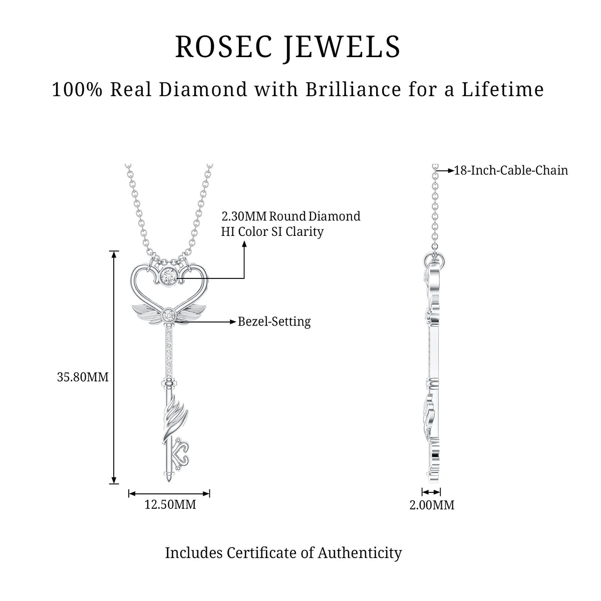 Diamond Key Necklace with Angel Wings Natural - ( HI-SI ) - Rosec Jewels