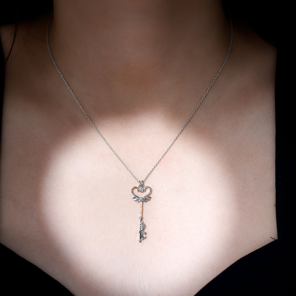 Diamond Key Necklace with Angel Wings Natural - ( HI-SI ) - Rosec Jewels
