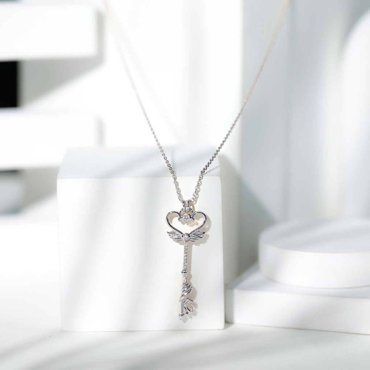 Diamond Key Necklace with Angel Wings Natural - ( HI-SI ) - Rosec Jewels