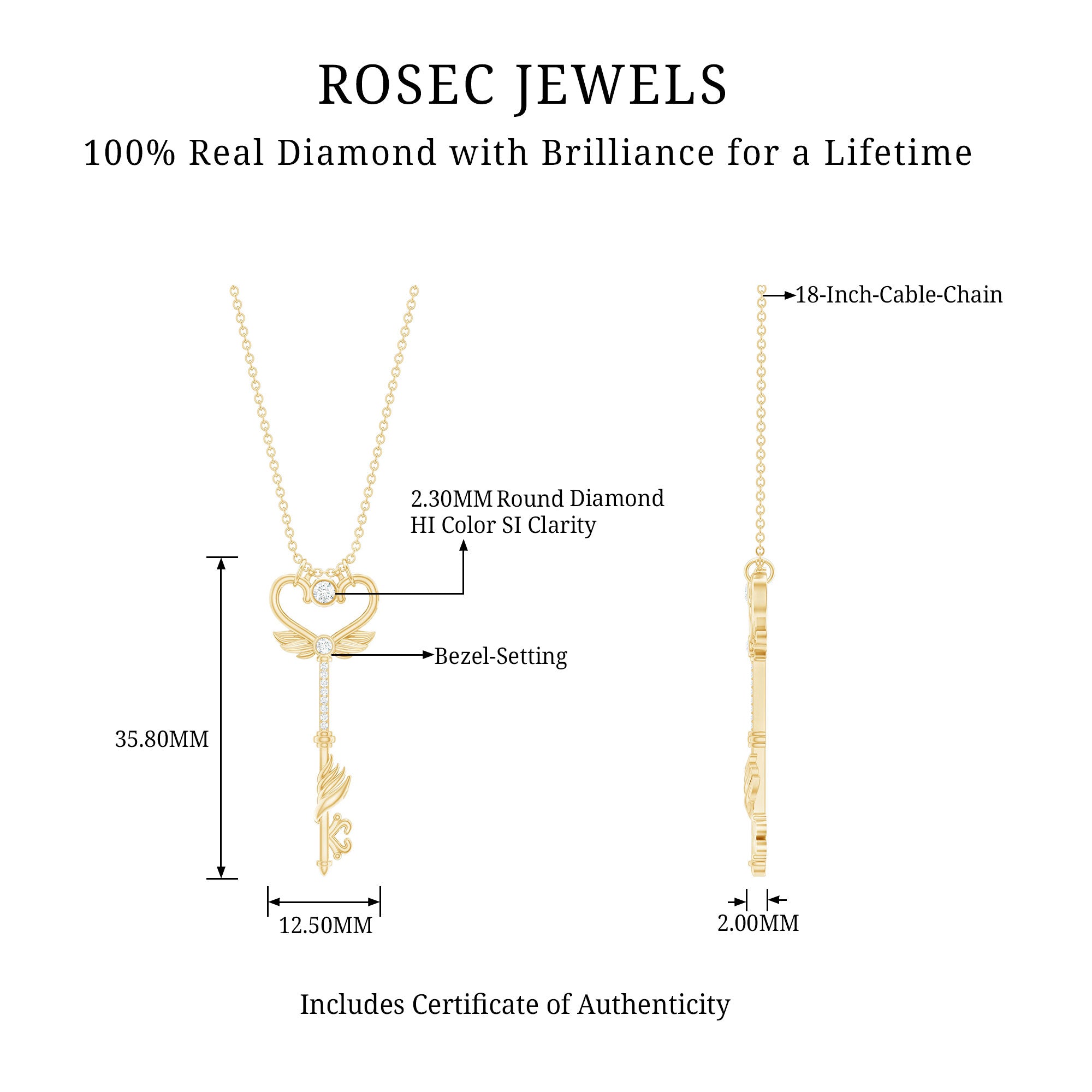 Diamond Key Necklace with Angel Wings Natural - ( HI-SI ) - Rosec Jewels