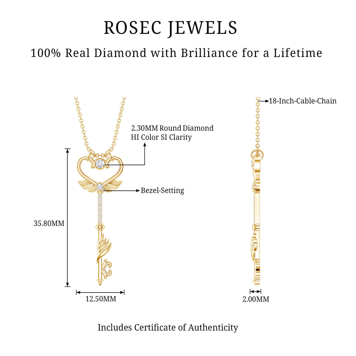Diamond Key Necklace with Angel Wings Natural - ( HI-SI ) - Rosec Jewels