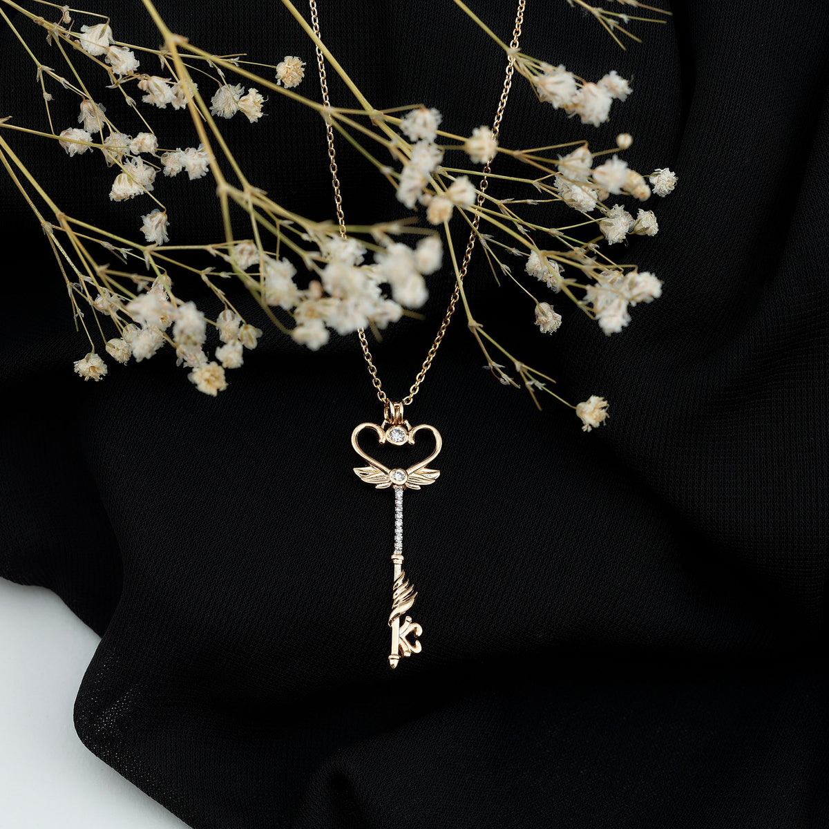 Diamond Key Necklace with Angel Wings Natural - ( HI-SI ) - Rosec Jewels