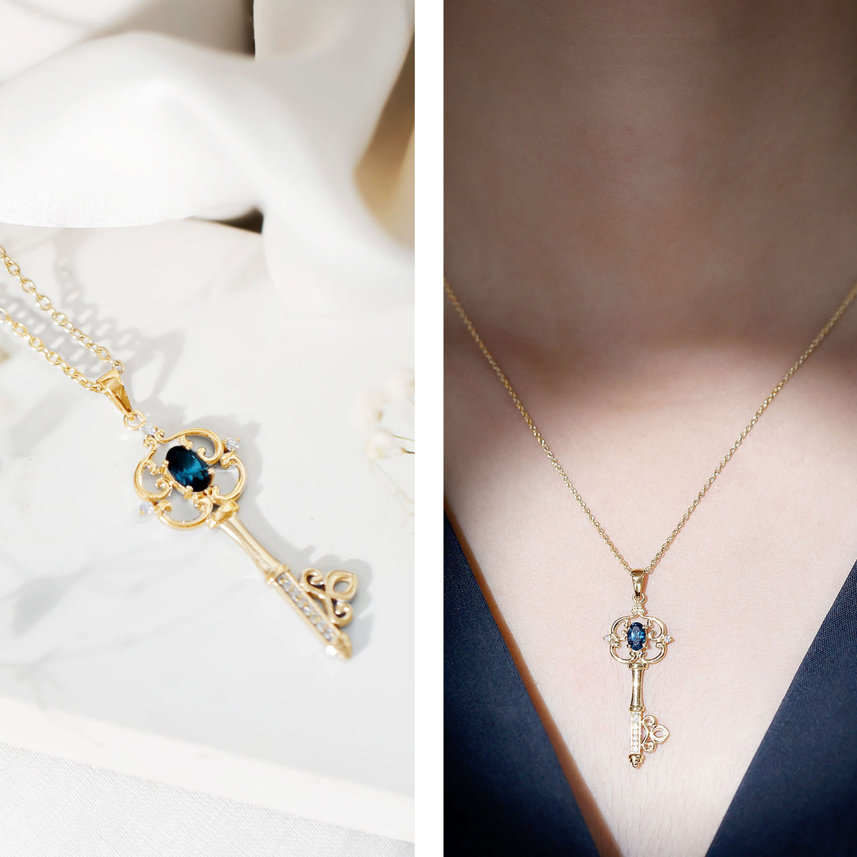 London Blue Topaz and Diamond Vintage Key Necklace AAA - Rosec Jewels