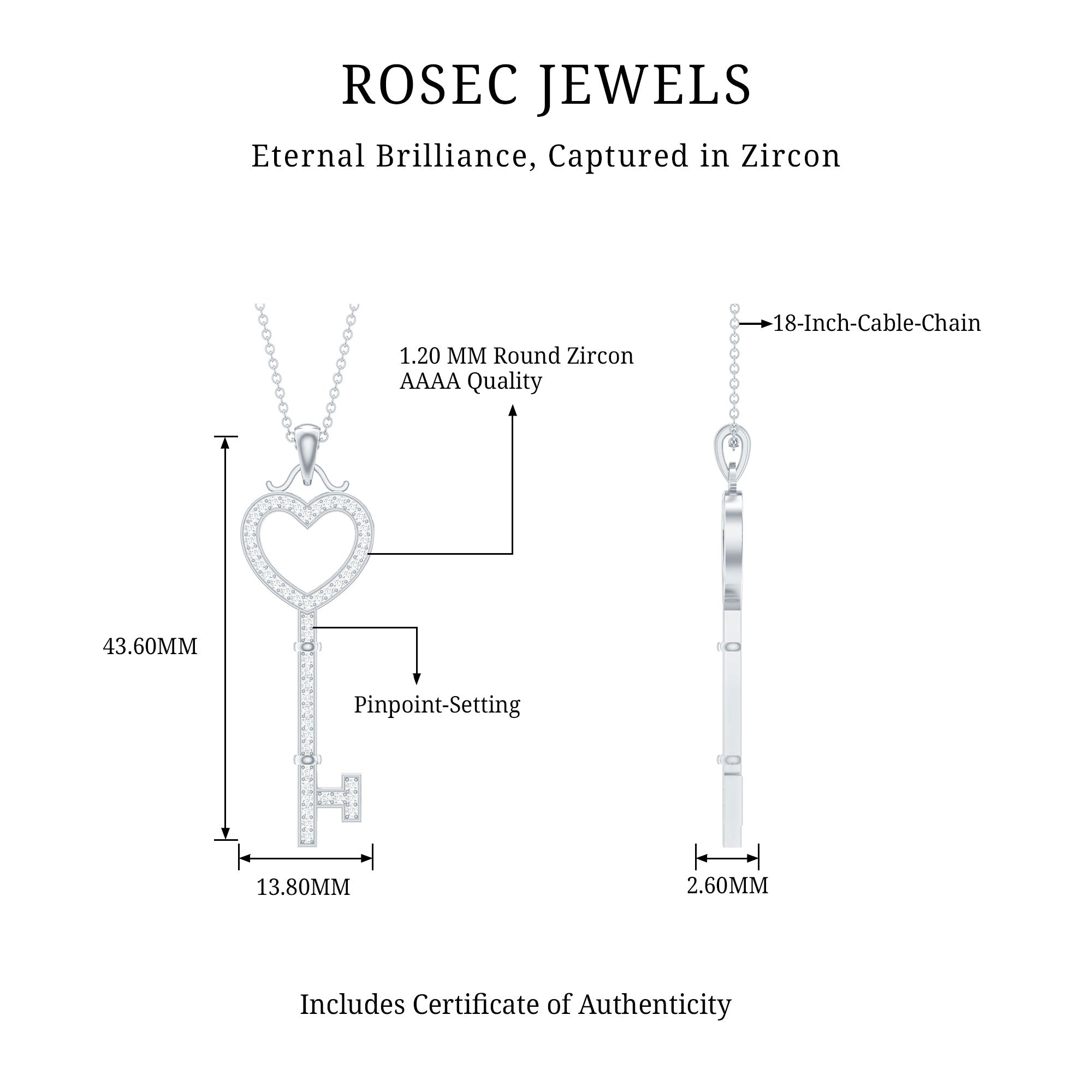 Open Heart Key Pendant with Zircon AAAA - Rosec Jewels