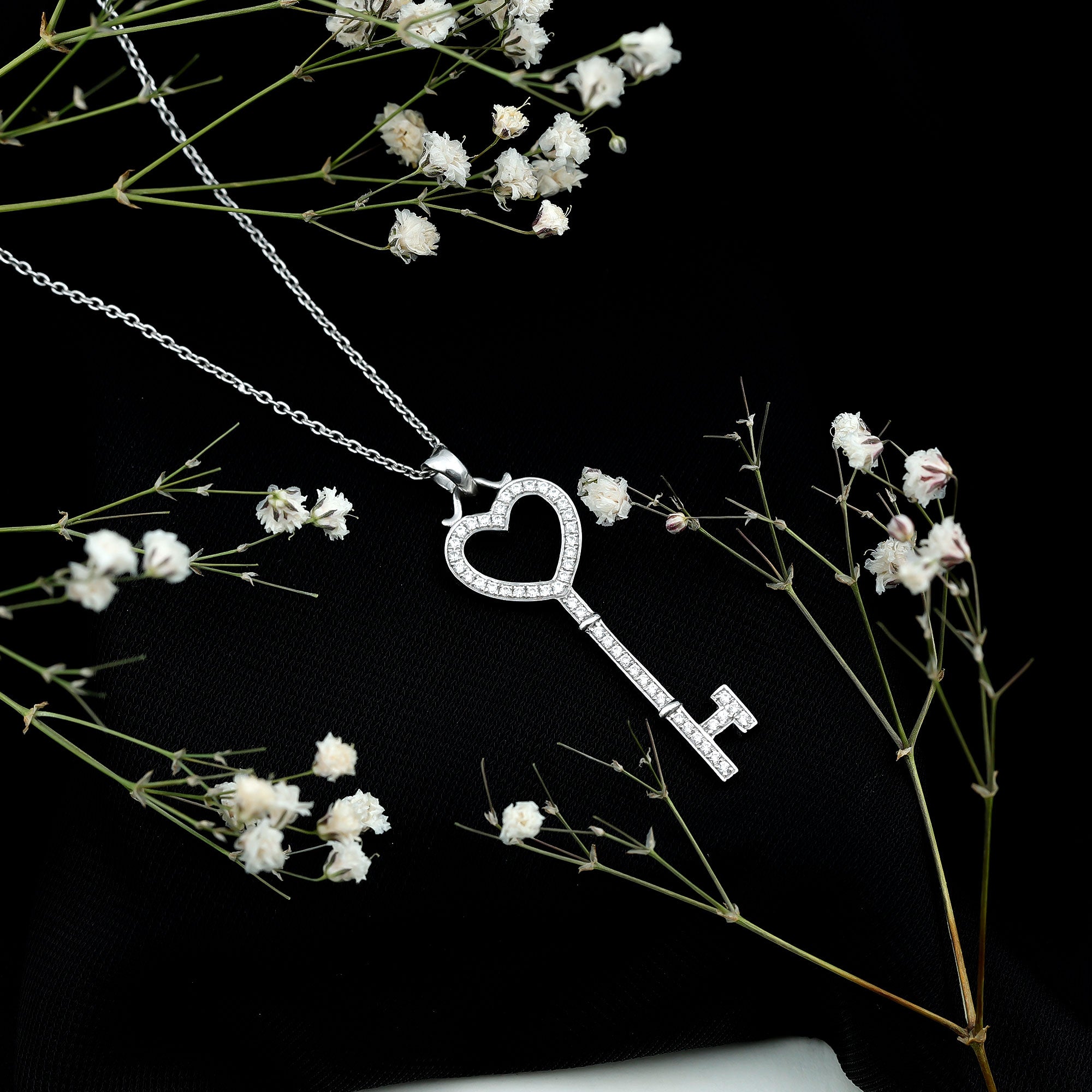 Open Heart Key Pendant with Zircon AAAA - Rosec Jewels