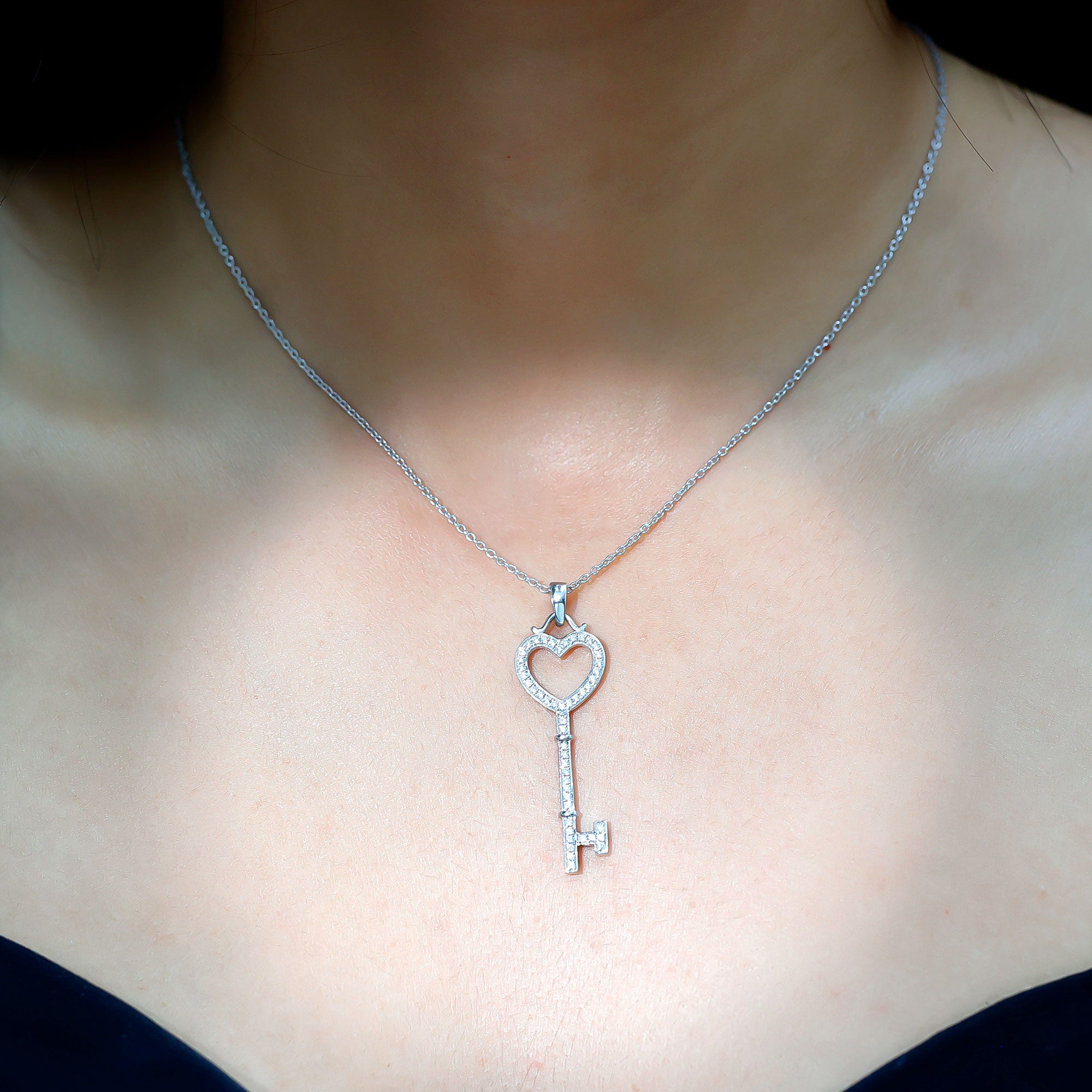 Open Heart Key Pendant with Zircon AAAA - Rosec Jewels