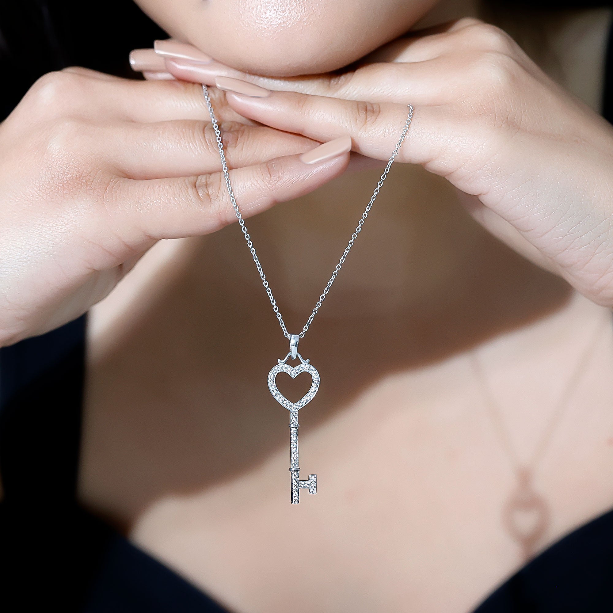 Open Heart Key Pendant with Zircon AAAA - Rosec Jewels
