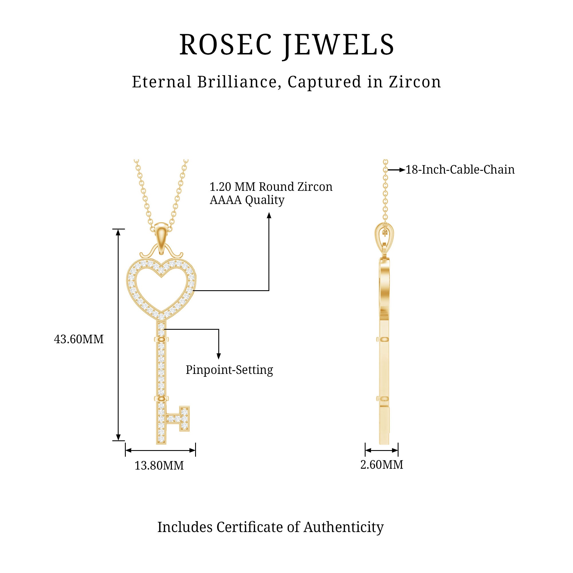 Open Heart Key Pendant with Zircon AAAA - Rosec Jewels