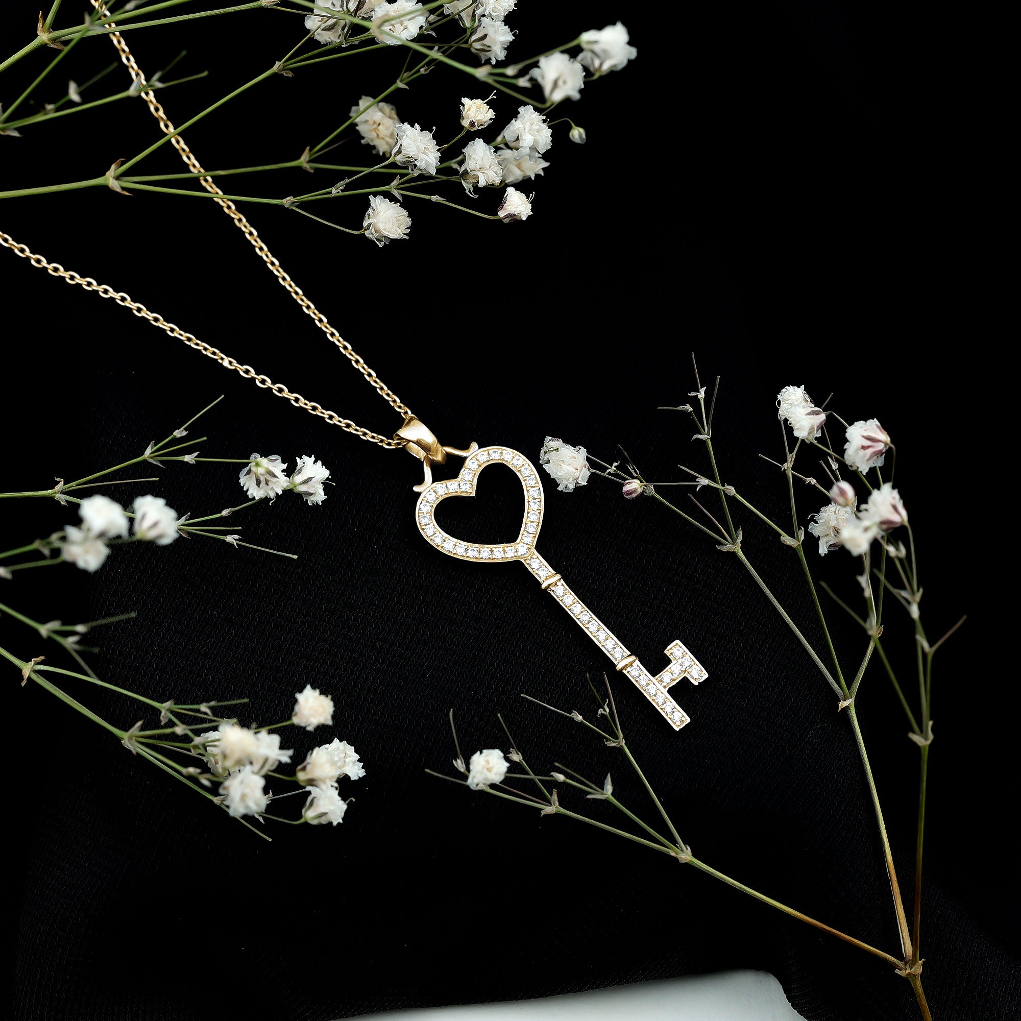 Open Heart Key Pendant with Zircon AAAA - Rosec Jewels