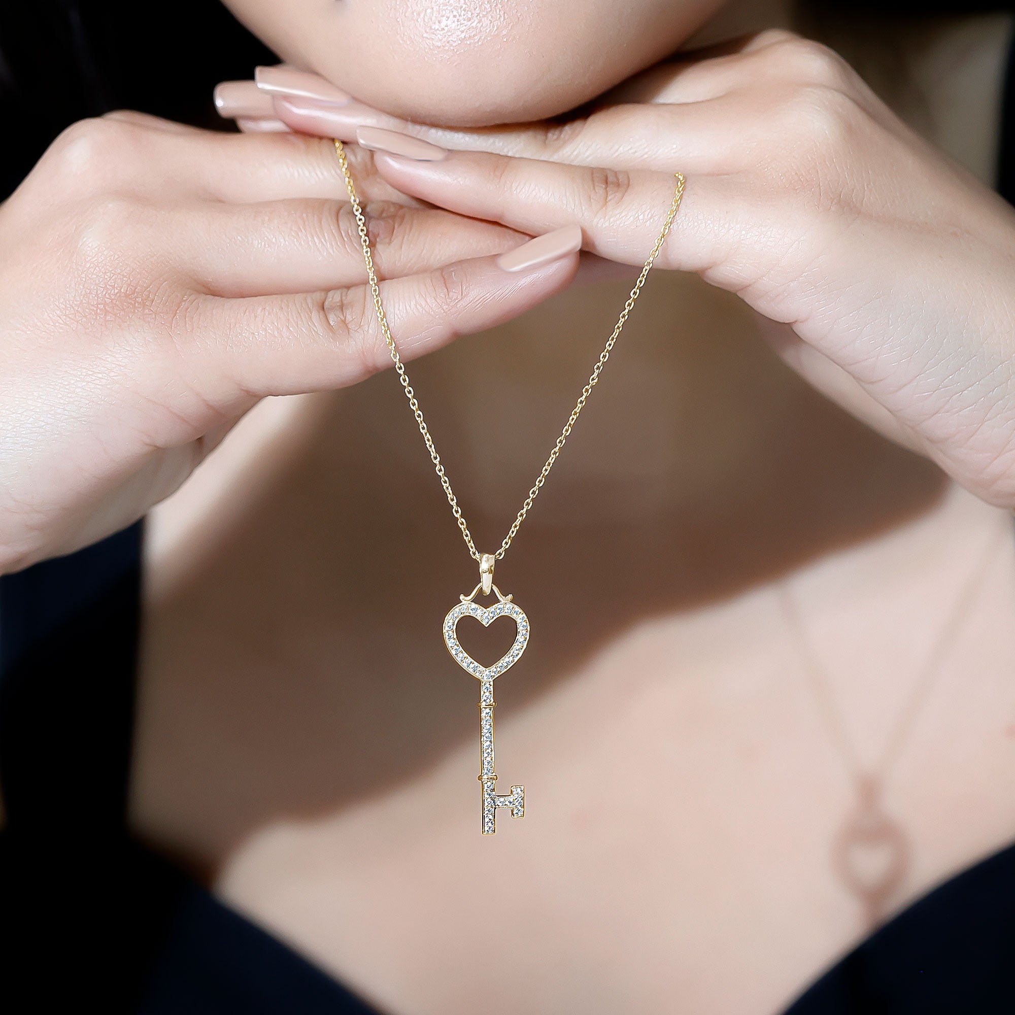 Open Heart Key Pendant with Zircon AAAA - Rosec Jewels