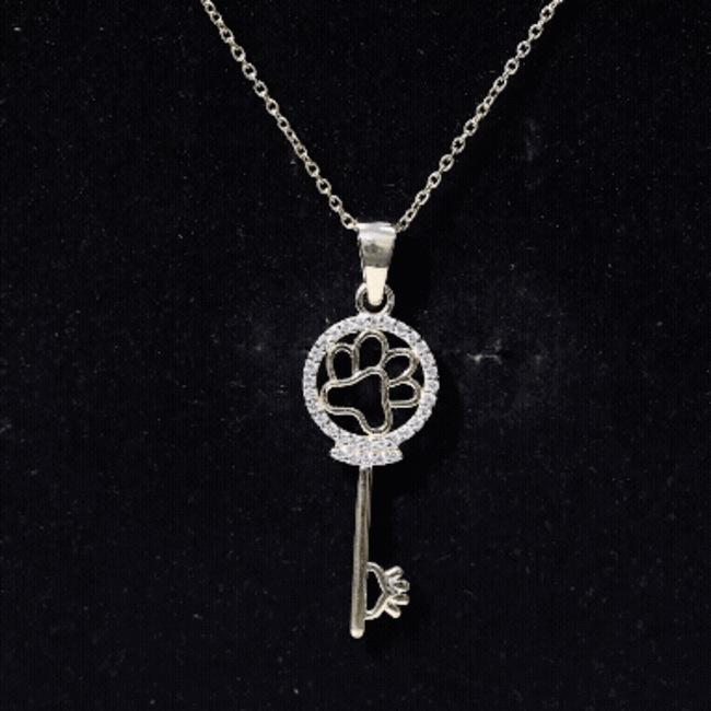 Certified Cubic Zirconia Key Pendant Necklace with Paw Motif AAAA - Rosec Jewels