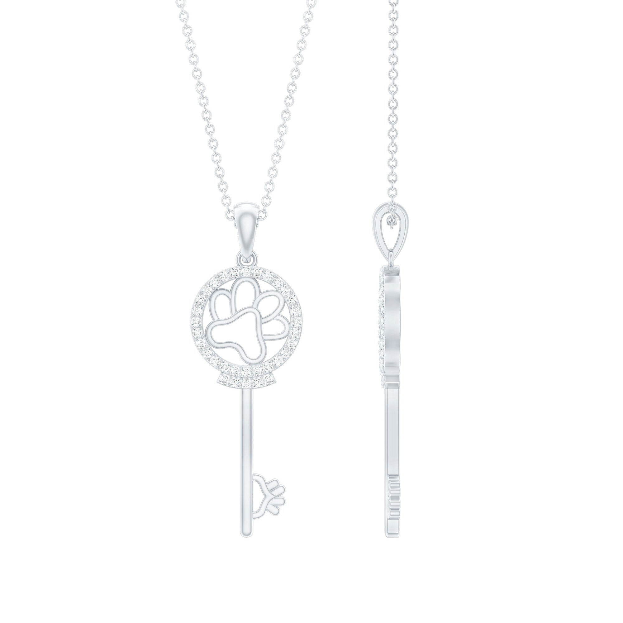Certified Cubic Zirconia Key Pendant Necklace with Paw Motif AAAA - Rosec Jewels