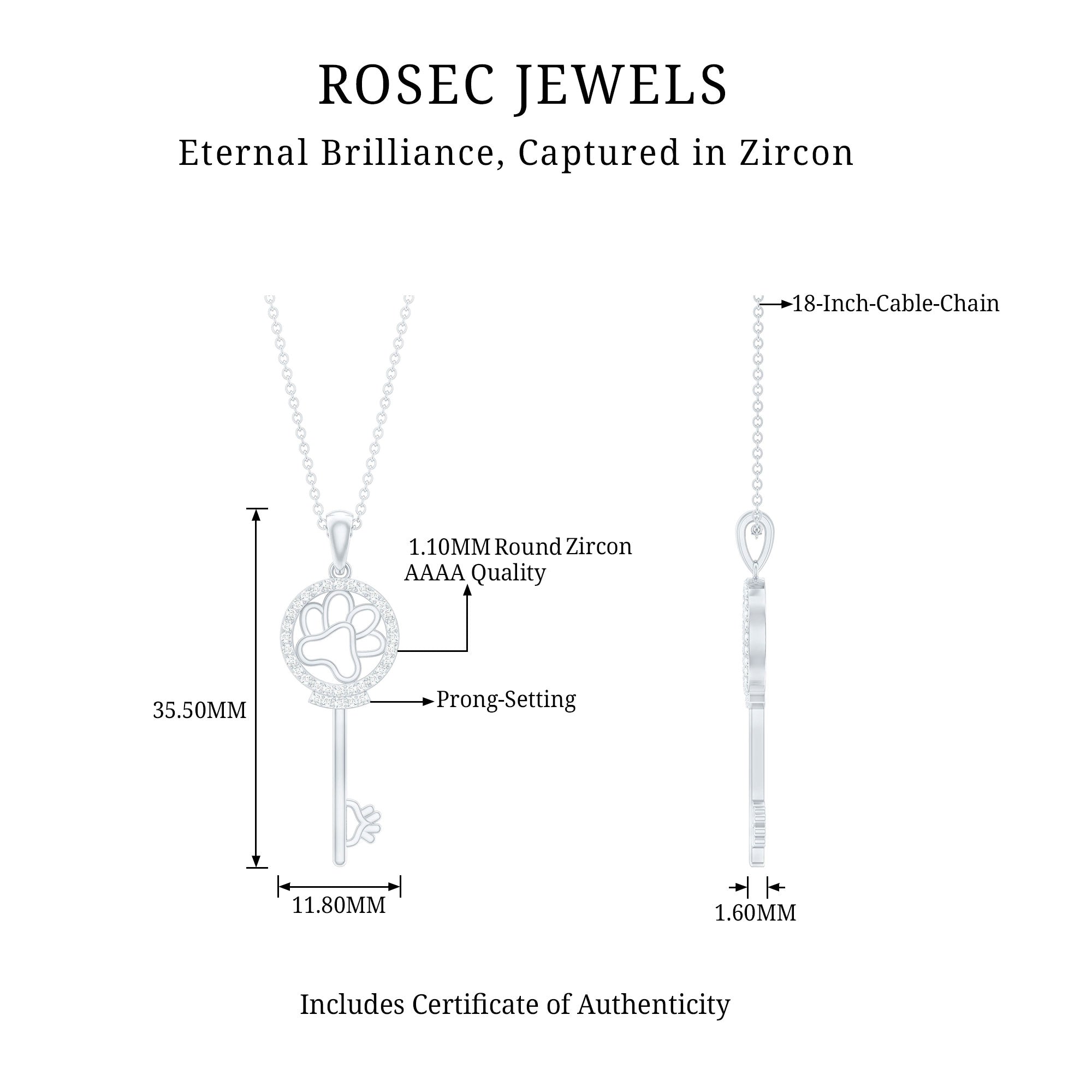 Certified Cubic Zirconia Key Pendant Necklace with Paw Motif AAAA - Rosec Jewels