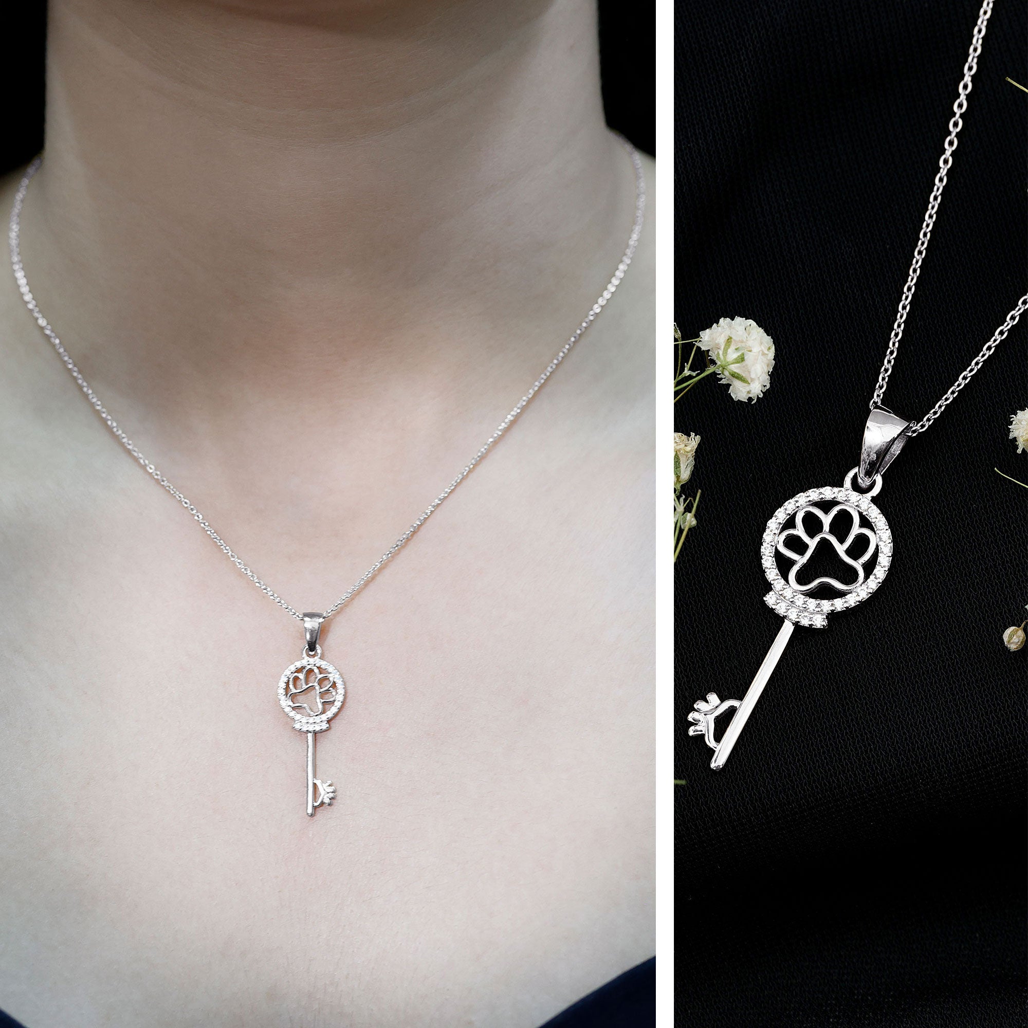 Certified Cubic Zirconia Key Pendant Necklace with Paw Motif AAAA - Rosec Jewels