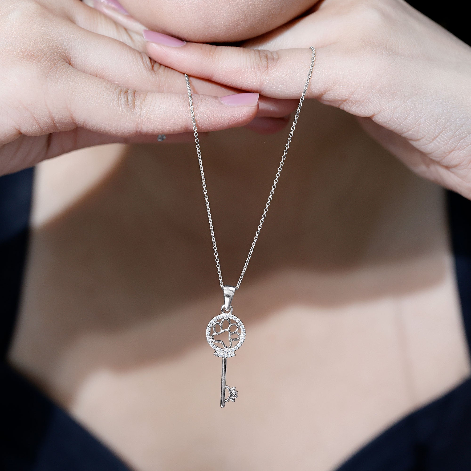 Certified Cubic Zirconia Key Pendant Necklace with Paw Motif AAAA - Rosec Jewels