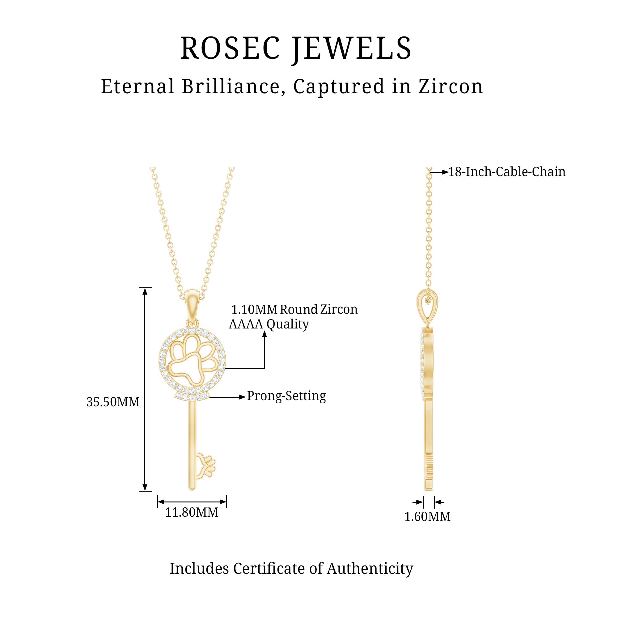 Certified Cubic Zirconia Key Pendant Necklace with Paw Motif AAAA - Rosec Jewels