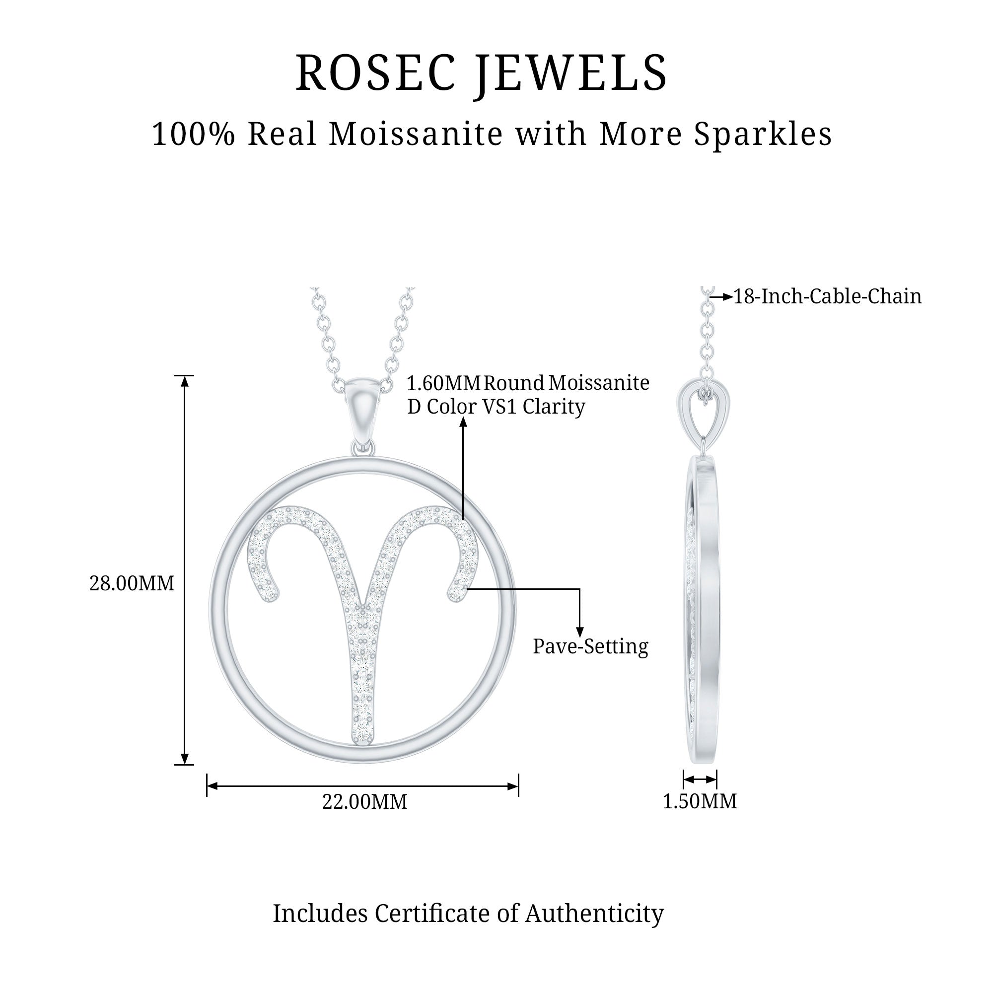 Certified Moissanite Aries Zodiac Sign Pendant Necklace D-VS1 - Rosec Jewels