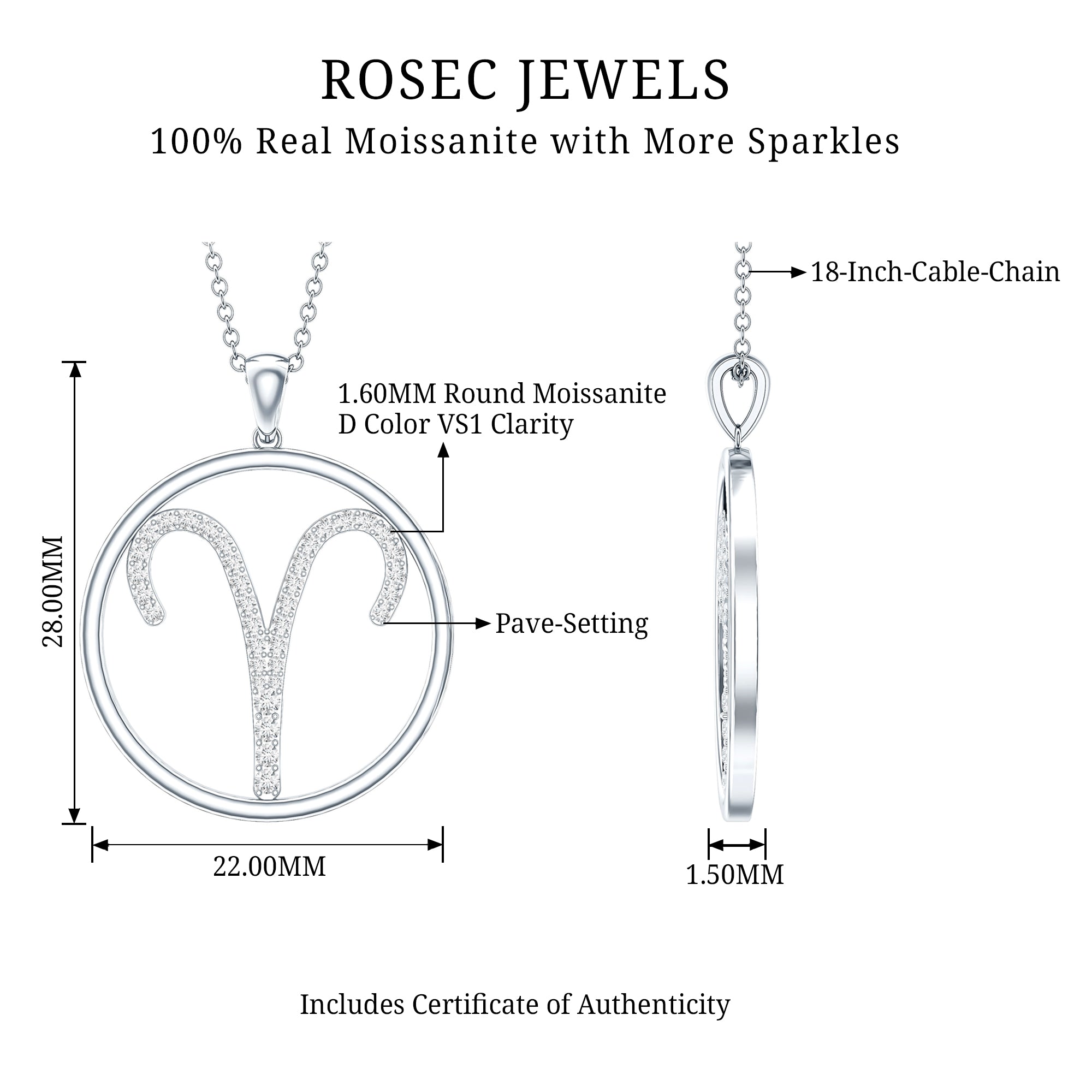 Certified Moissanite Aries Zodiac Sign Pendant Necklace D-VS1 - Rosec Jewels