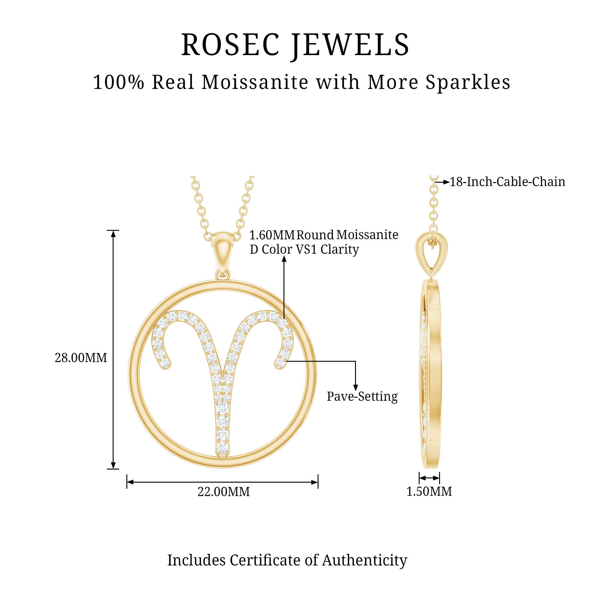 Certified Moissanite Aries Zodiac Sign Pendant Necklace D-VS1 - Rosec Jewels