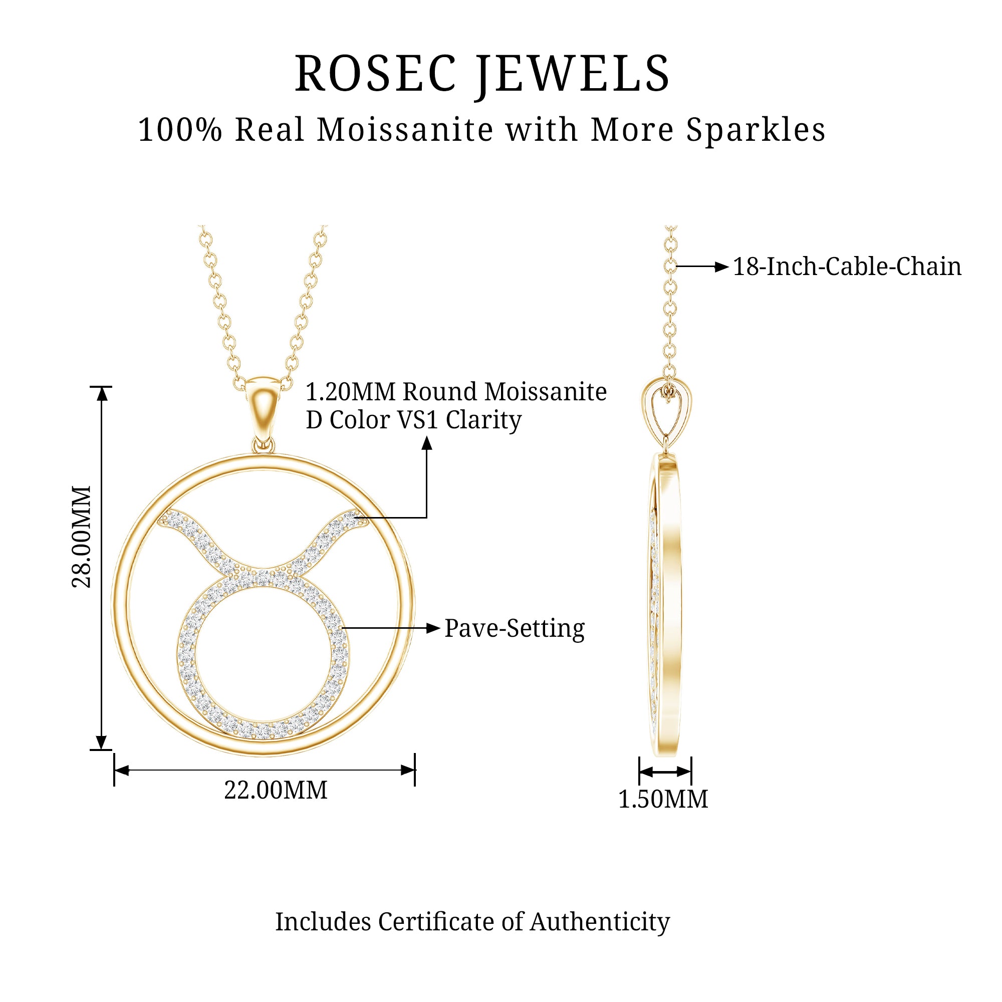 Certified Moissanite Taurus Zodiac Sign Pendant Necklace D-VS1 - Rosec Jewels