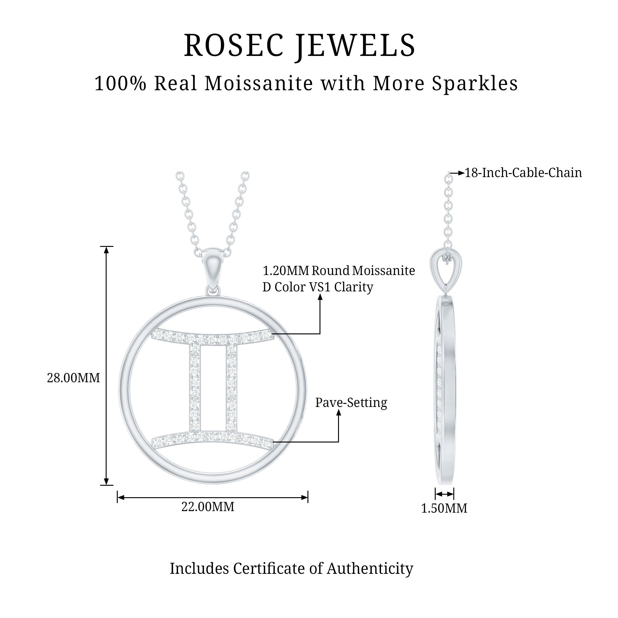Certified Moissanite Gemini Zodiac Sign Pendant Necklace D-VS1 - Rosec Jewels