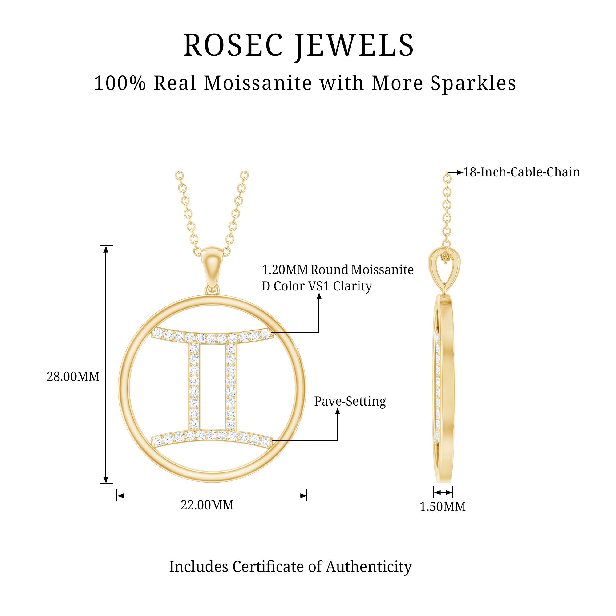 Certified Moissanite Gemini Zodiac Sign Pendant Necklace D-VS1 - Rosec Jewels