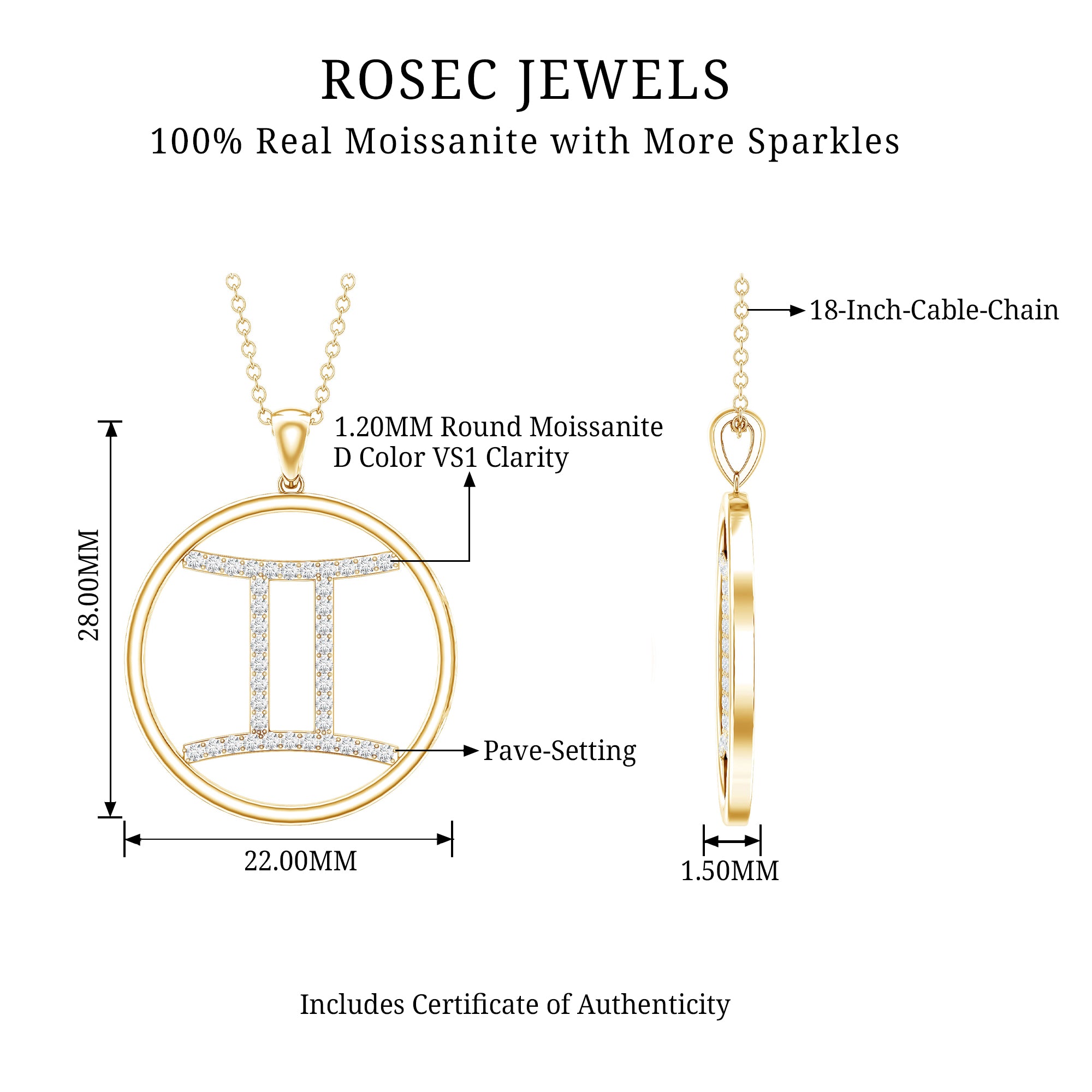 Certified Moissanite Gemini Zodiac Sign Pendant Necklace D-VS1 - Rosec Jewels