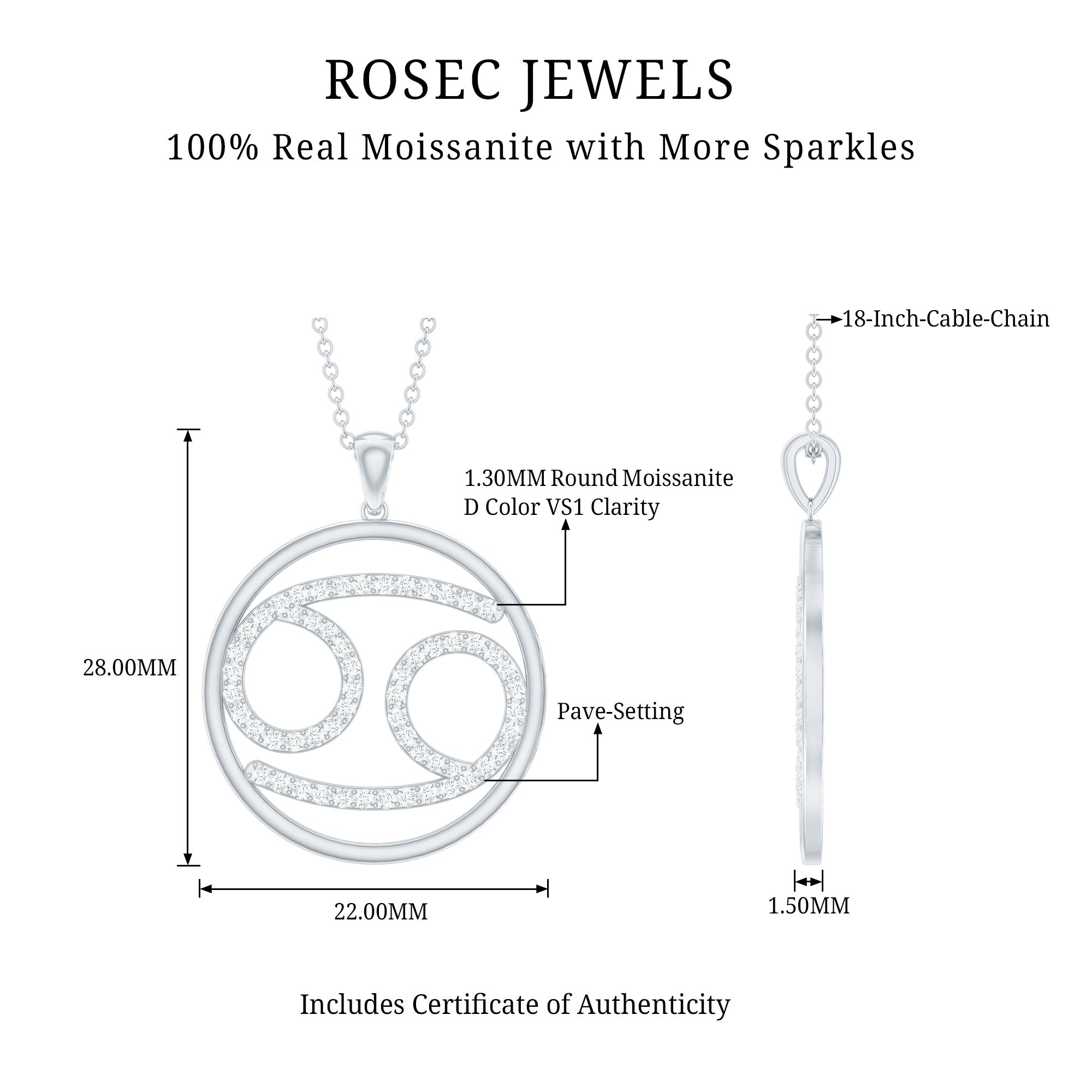 Certified Moissanite Cancer Zodiac Sign Necklace D-VS1 - Rosec Jewels