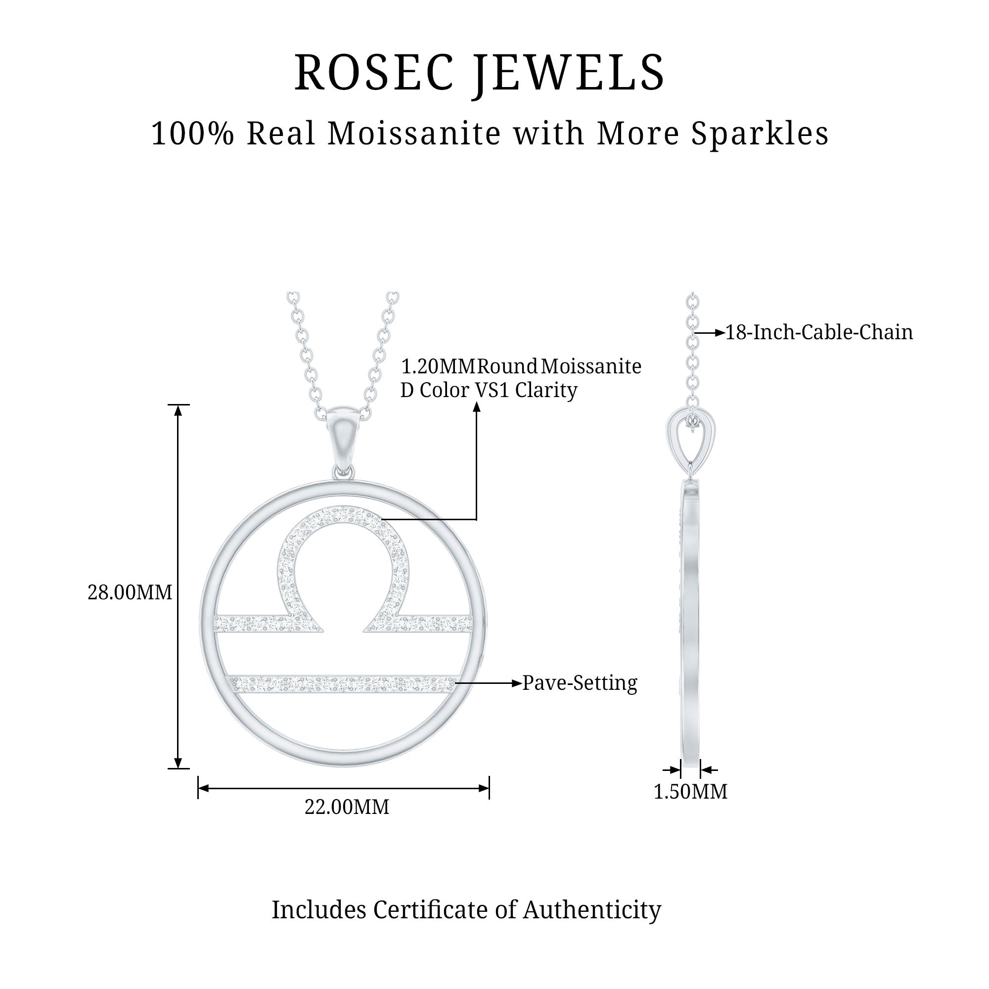 Certified Moissanite Libra Zodiac Sign Pendant Necklace D-VS1 - Rosec Jewels
