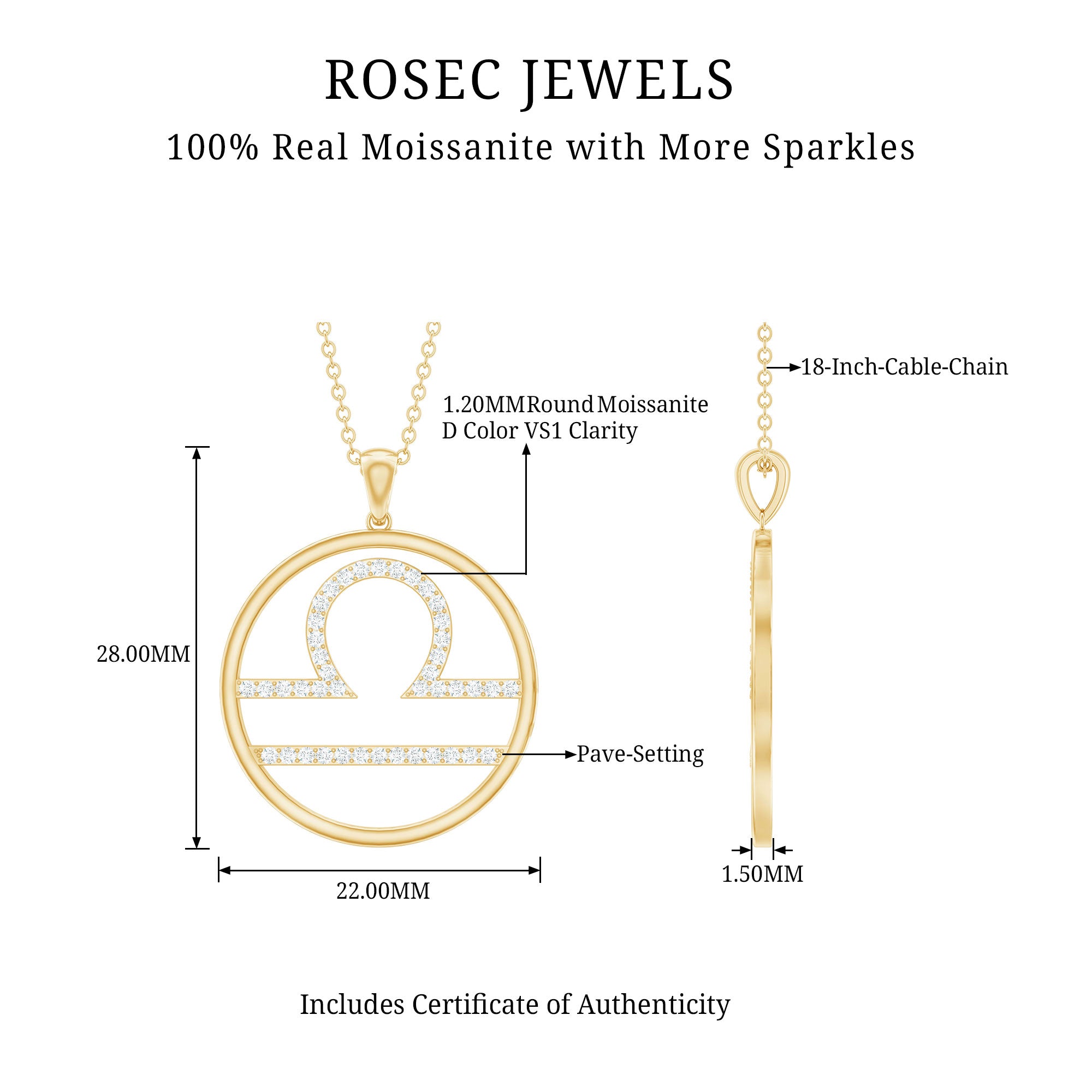Certified Moissanite Libra Zodiac Sign Pendant Necklace D-VS1 - Rosec Jewels