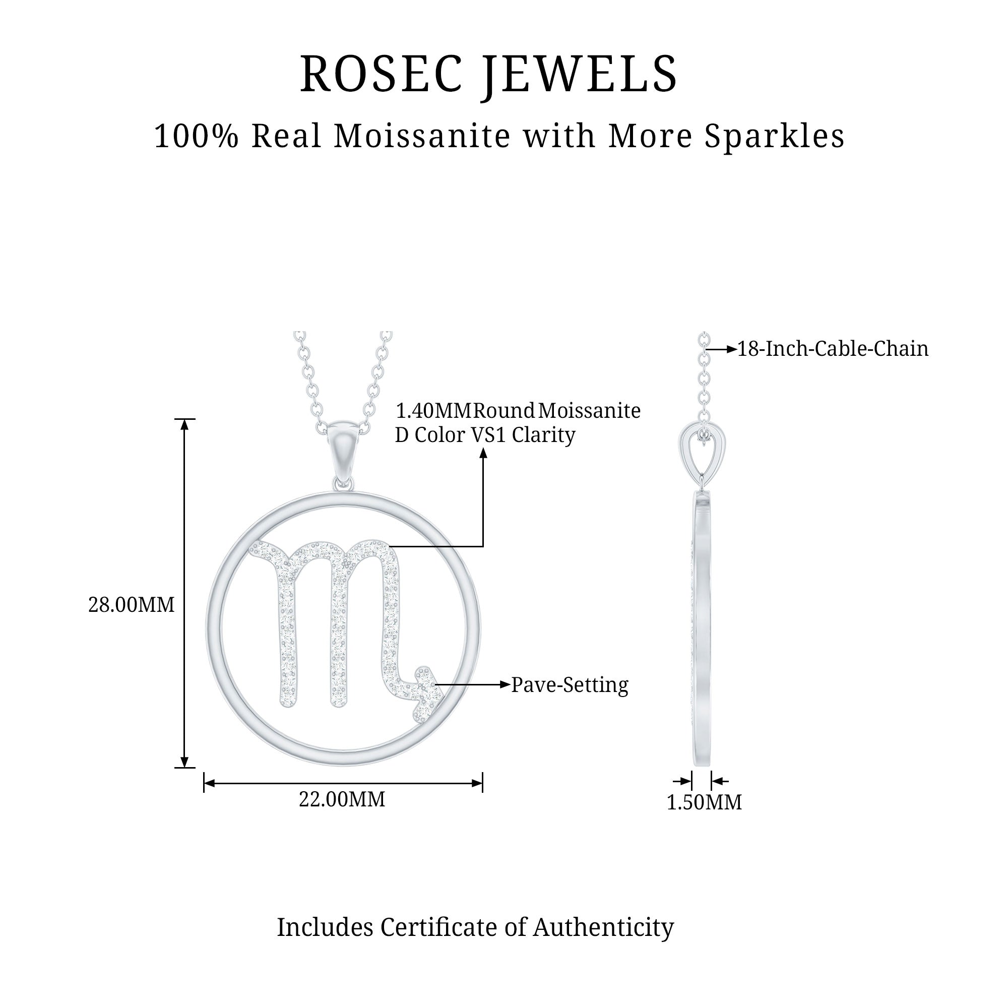 Certified Moissanite Scorpio Zodiac Pendant Necklace D-VS1 - Rosec Jewels