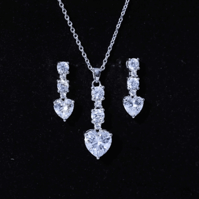 Cubic Zirconia Heart Necklace and Earrings Set in Sterling Silver AAAAA 92.5 Sterling Silver - Rosec Jewels