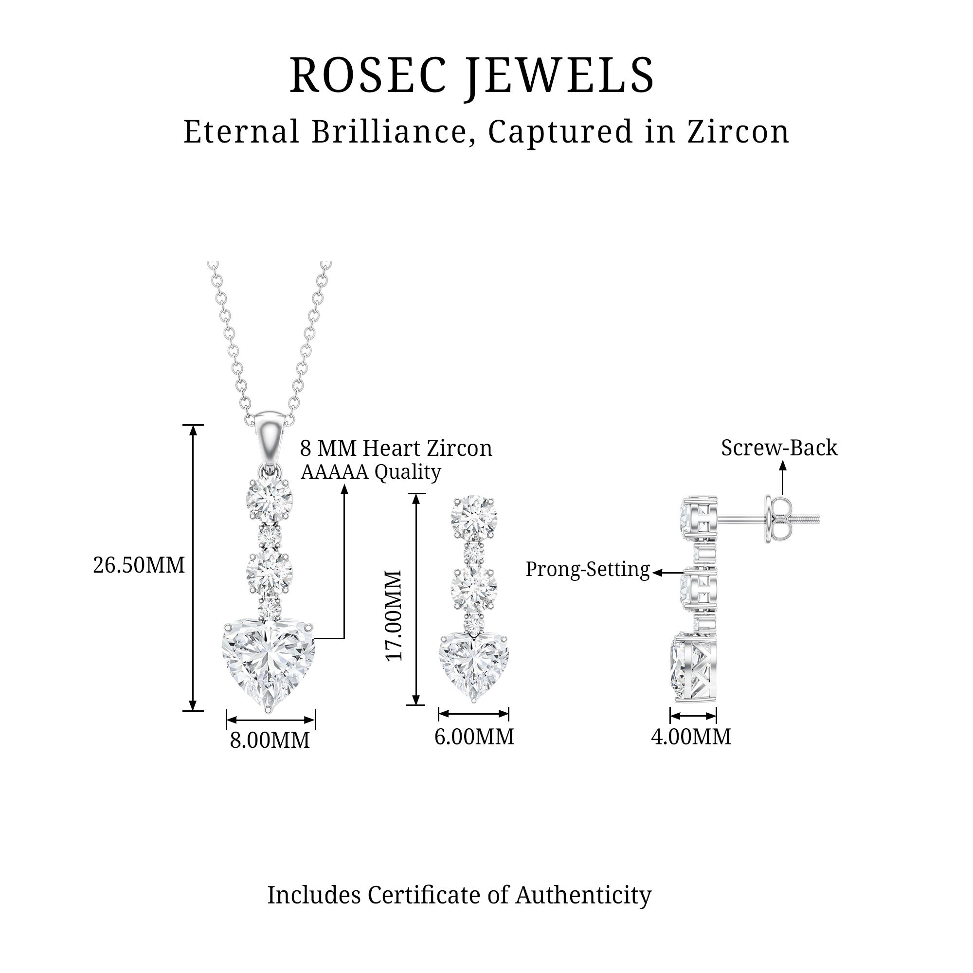 Cubic Zirconia Heart Necklace and Earrings Set in Sterling Silver AAAAA 92.5 Sterling Silver - Rosec Jewels