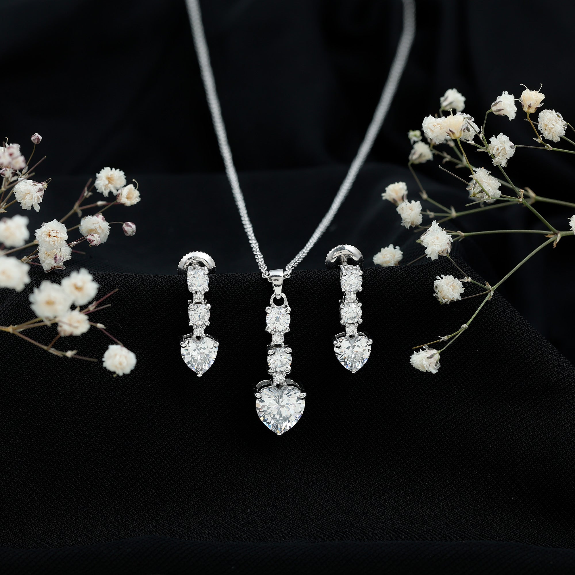 Cubic Zirconia Heart Necklace and Earrings Set in Sterling Silver AAAAA 92.5 Sterling Silver - Rosec Jewels