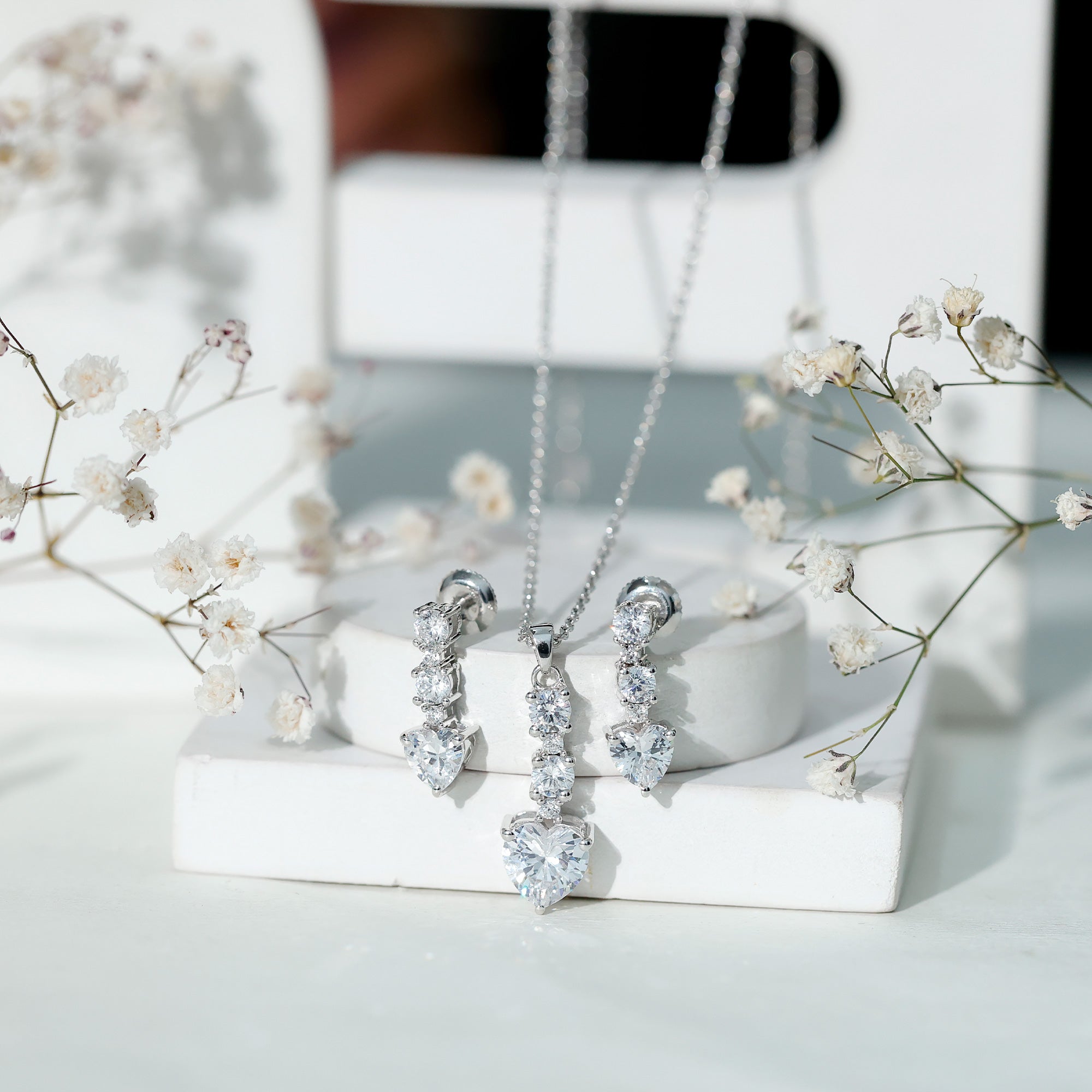 Cubic Zirconia Heart Necklace and Earrings Set in Sterling Silver AAAAA 92.5 Sterling Silver - Rosec Jewels