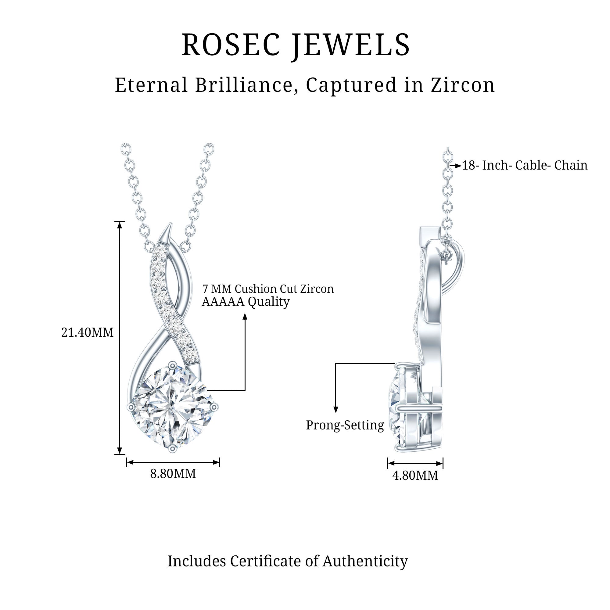 2 Carat Cushion Cut Cubic Zirconia Infinity Necklace for Women AAAAA 92.5 Sterling Silver - Rosec Jewels