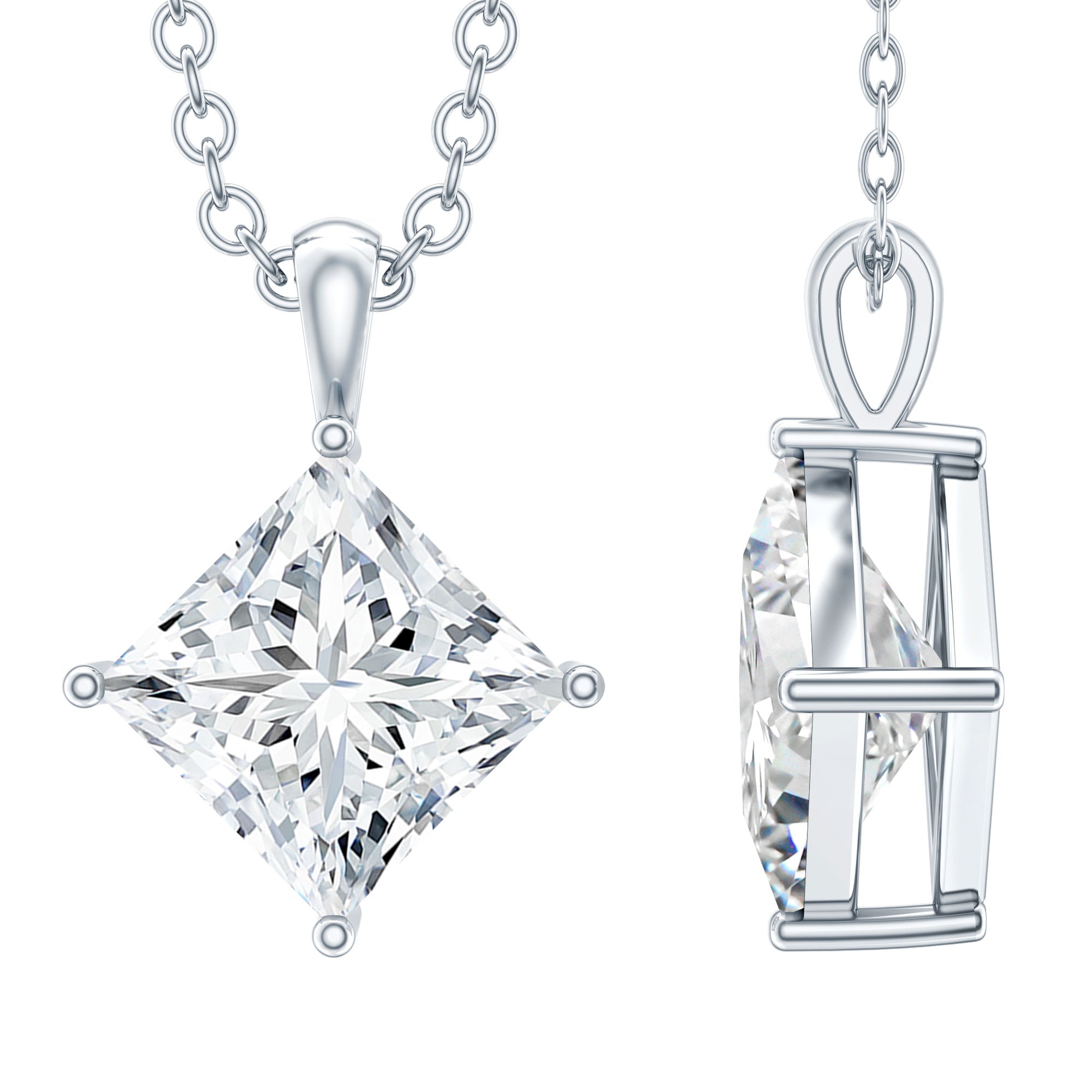 Diagonal Set 3 Carat Cubic Zirconia Princess Cut Necklace With Chain AAAAA 92.5 Sterling Silver - Rosec Jewels