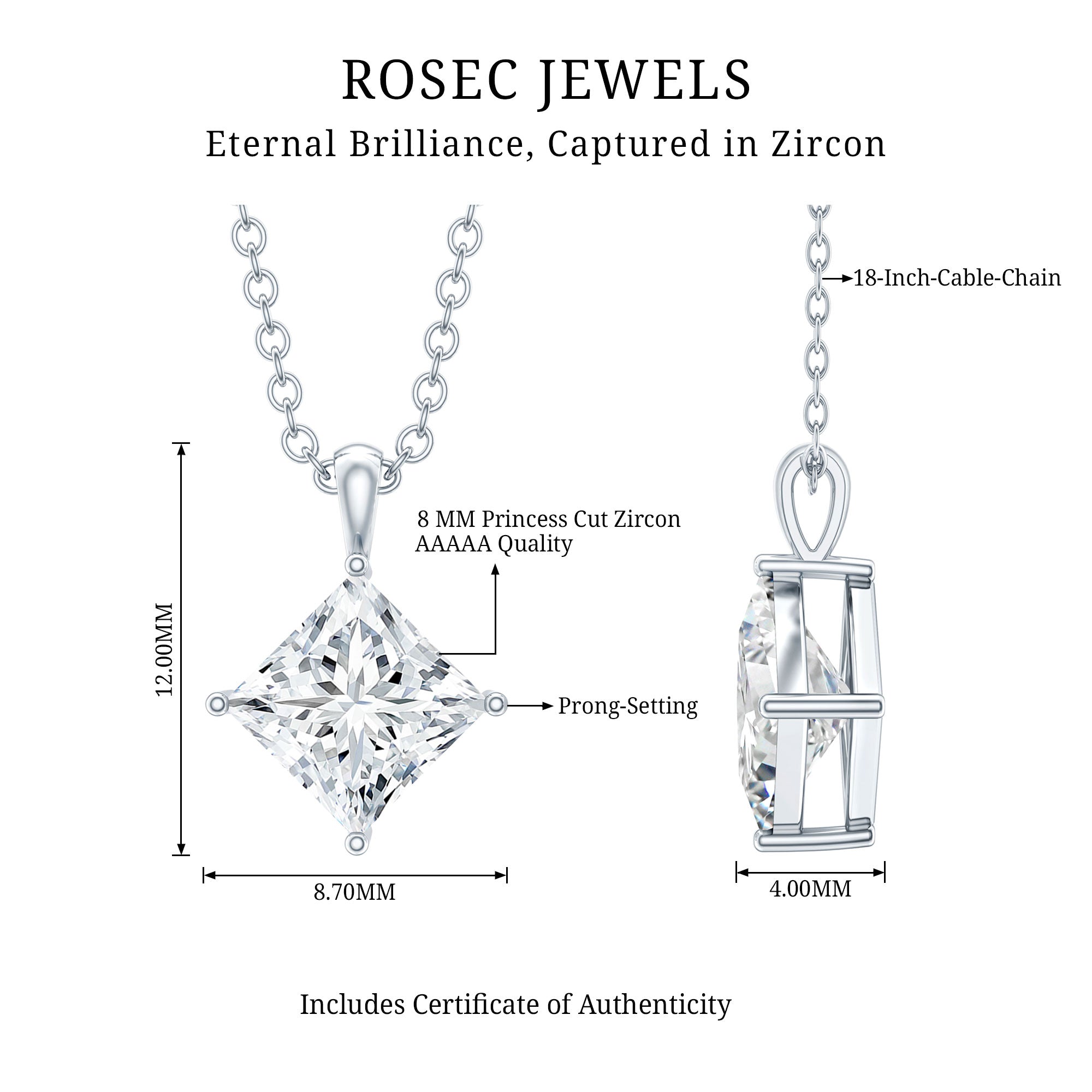 Diagonal Set 3 Carat Cubic Zirconia Princess Cut Necklace With Chain AAAAA 92.5 Sterling Silver - Rosec Jewels