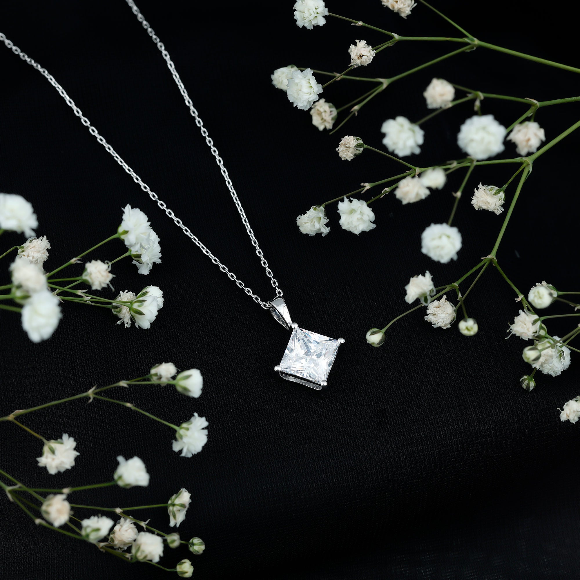 Diagonal Set 3 Carat Cubic Zirconia Princess Cut Necklace With Chain AAAAA 92.5 Sterling Silver - Rosec Jewels