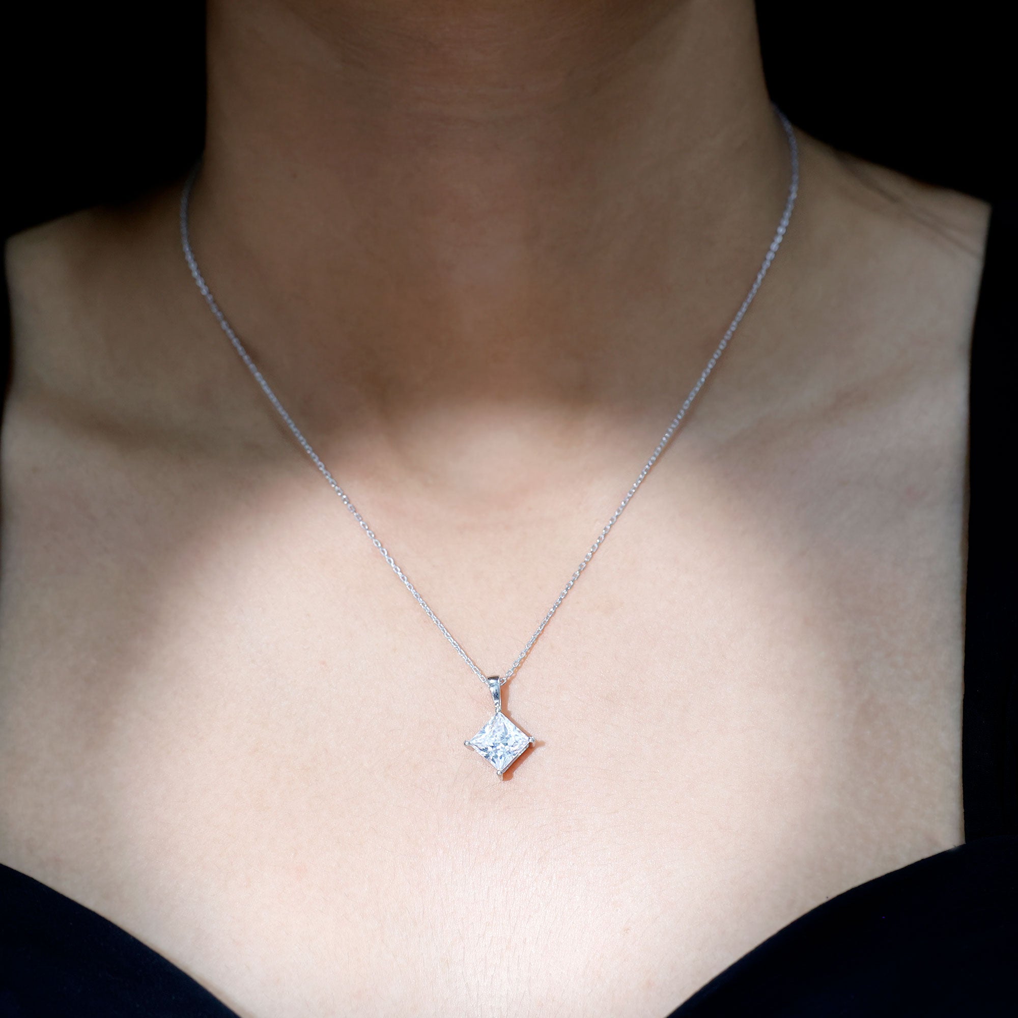 Diagonal Set 3 Carat Cubic Zirconia Princess Cut Necklace With Chain AAAAA 92.5 Sterling Silver - Rosec Jewels