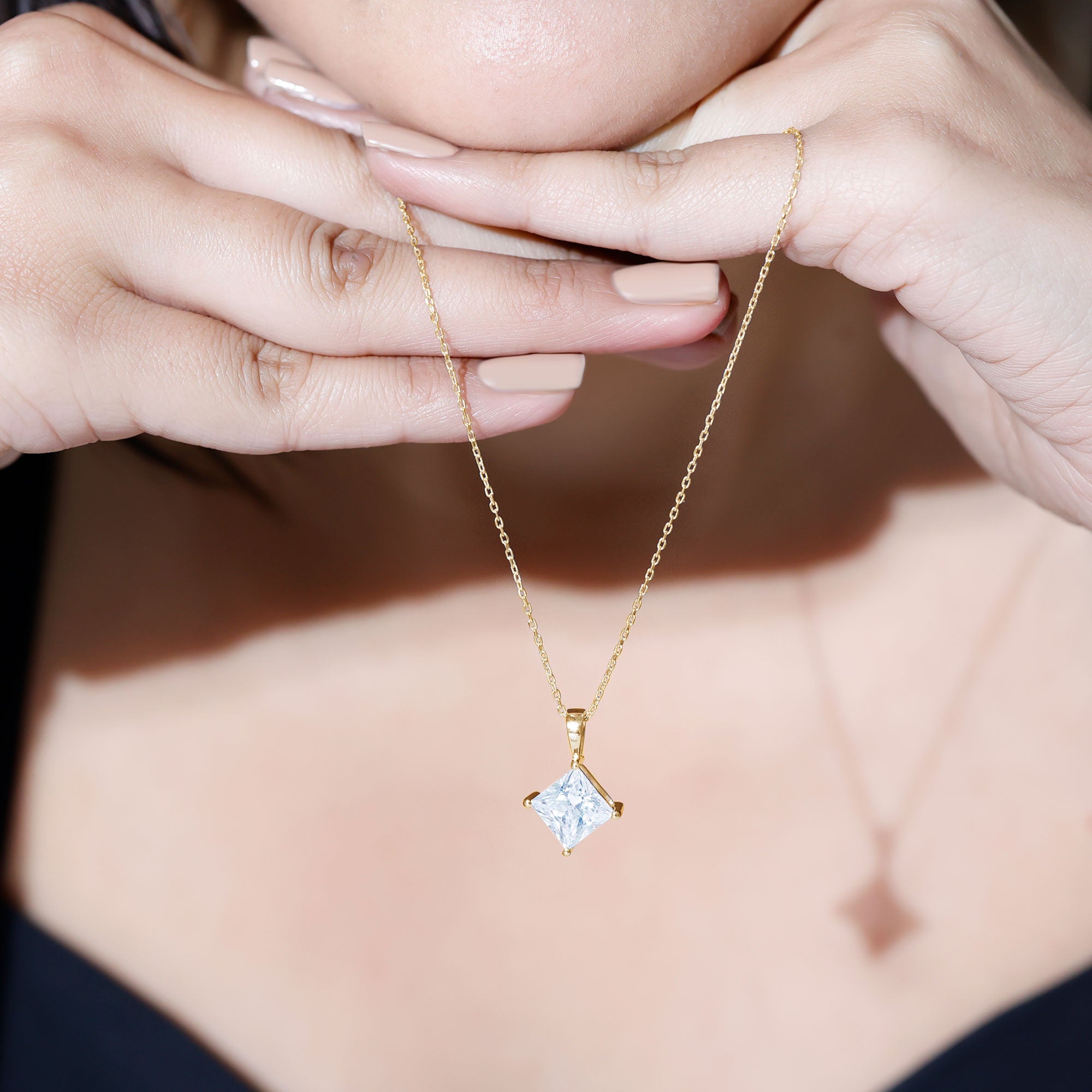 Diagonal Set 3 Carat Cubic Zirconia Princess Cut Necklace With Chain AAAAA 92.5 Sterling Silver - Rosec Jewels