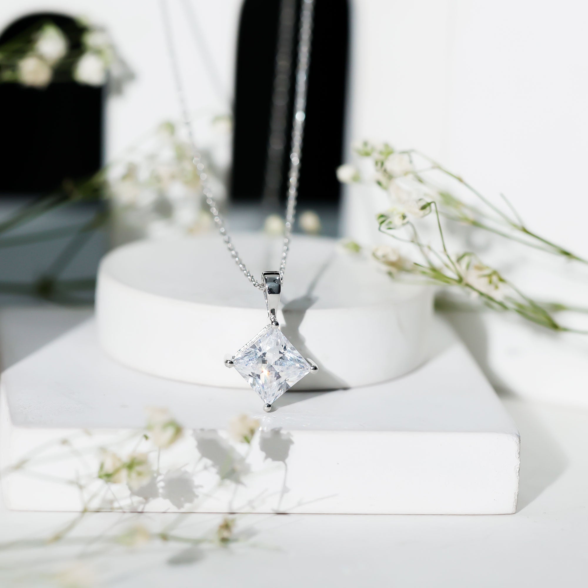 Diagonal Set 3 Carat Cubic Zirconia Princess Cut Necklace With Chain AAAAA 92.5 Sterling Silver - Rosec Jewels