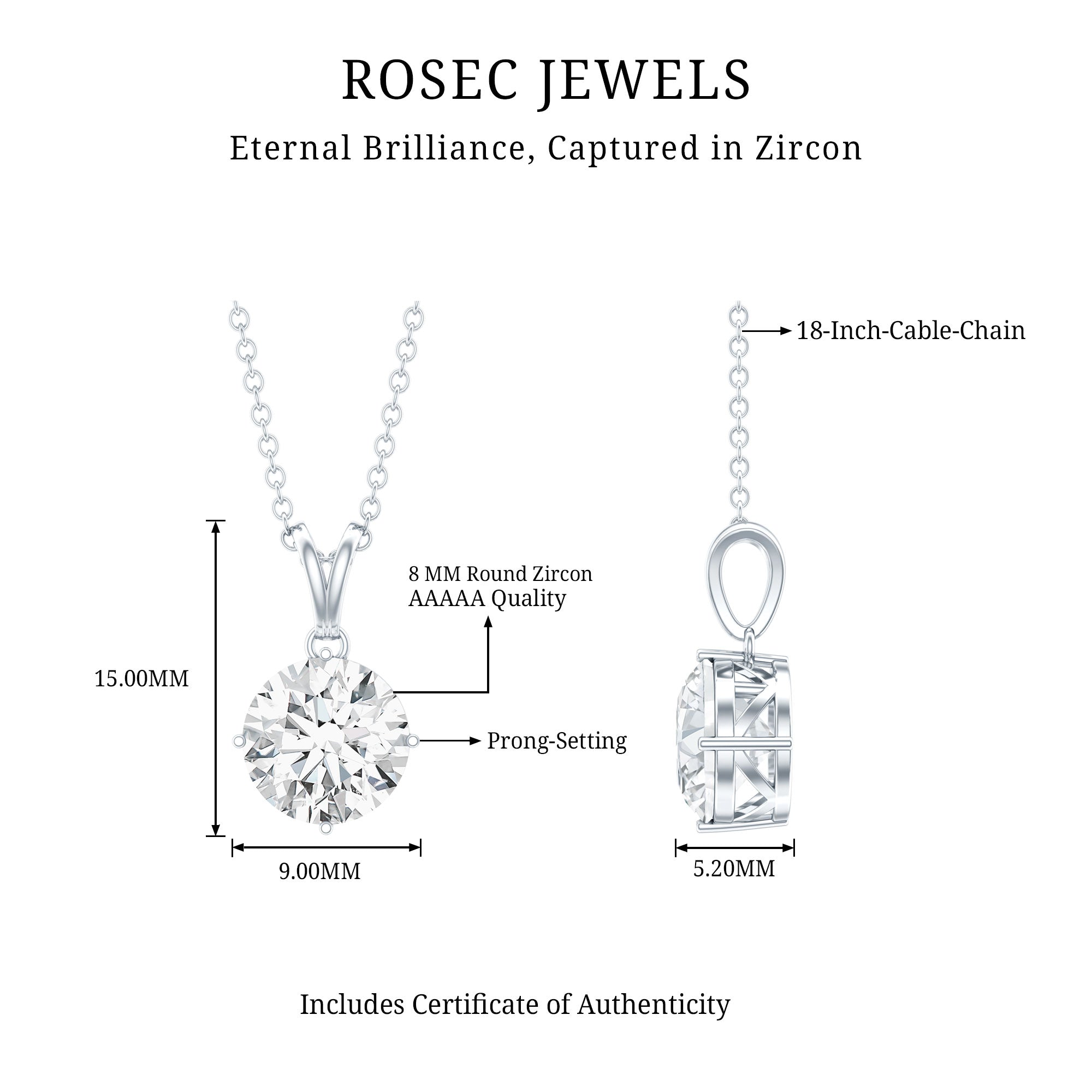 2 Carat Cubic Zirconia Solitaire Necklace with Silver Chain AAAAA 92.5 Sterling Silver - Rosec Jewels
