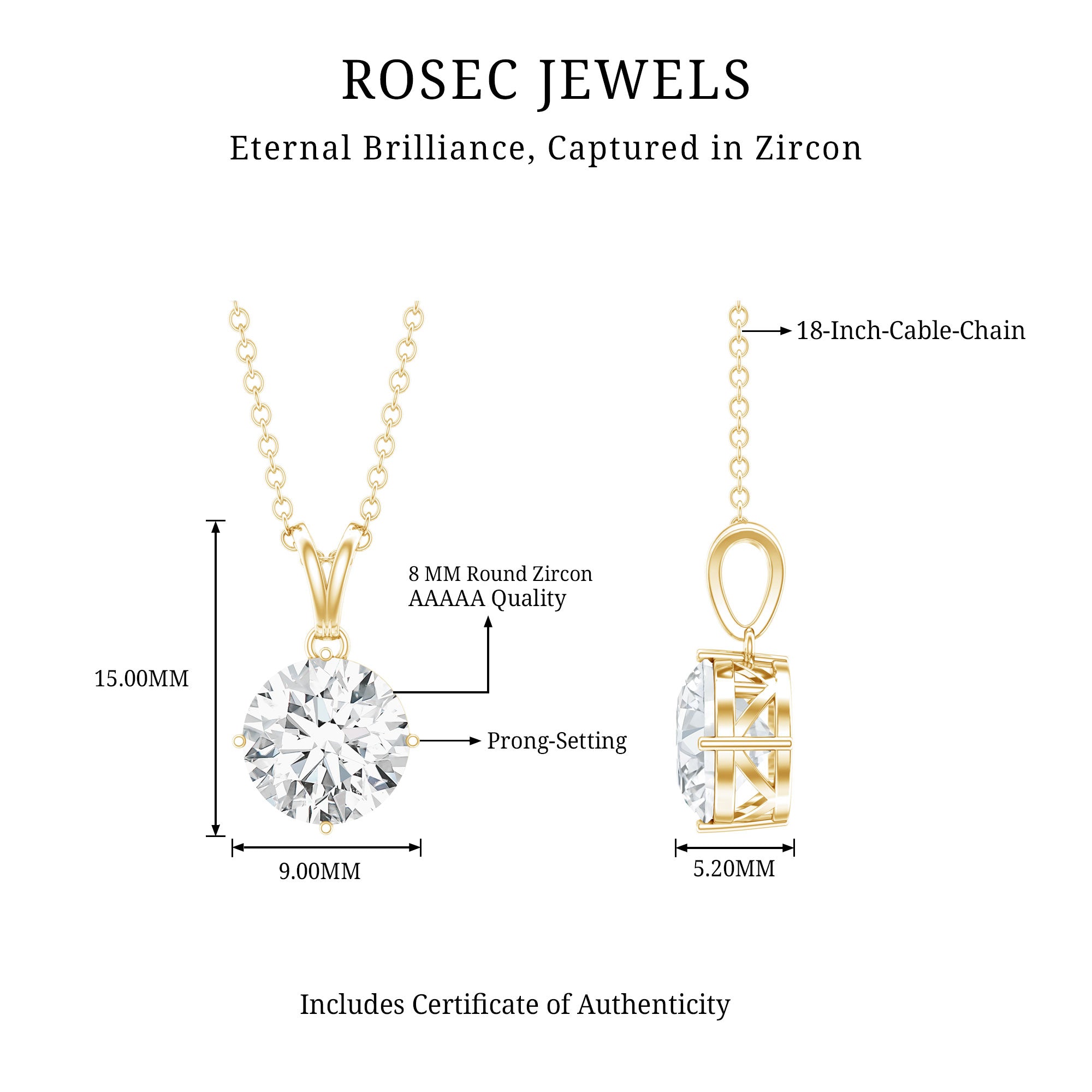 2 Carat Round Cubic Zirconia Solitaire Pendant Necklace AAAAA - Rosec Jewels