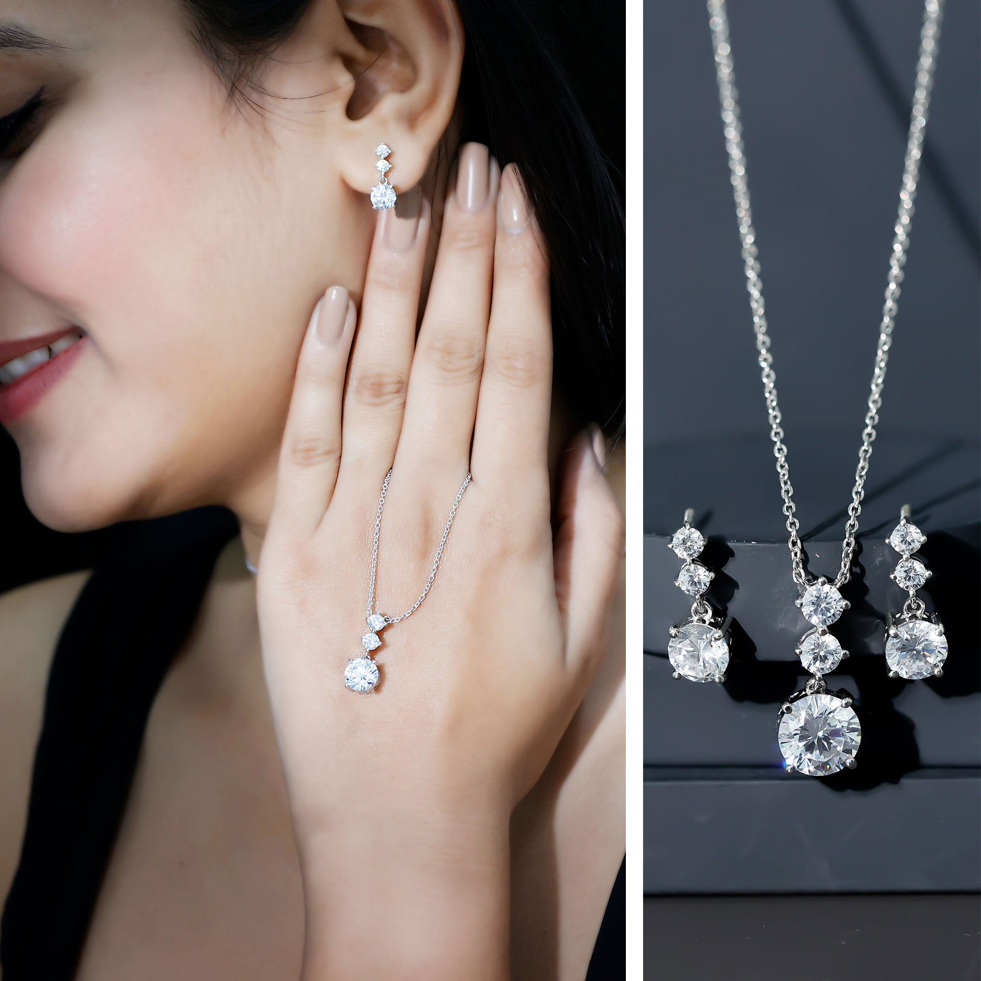 Cubic Zirconia Dangle Necklace and Earrings Set For Bride AAAAA - Rosec Jewels