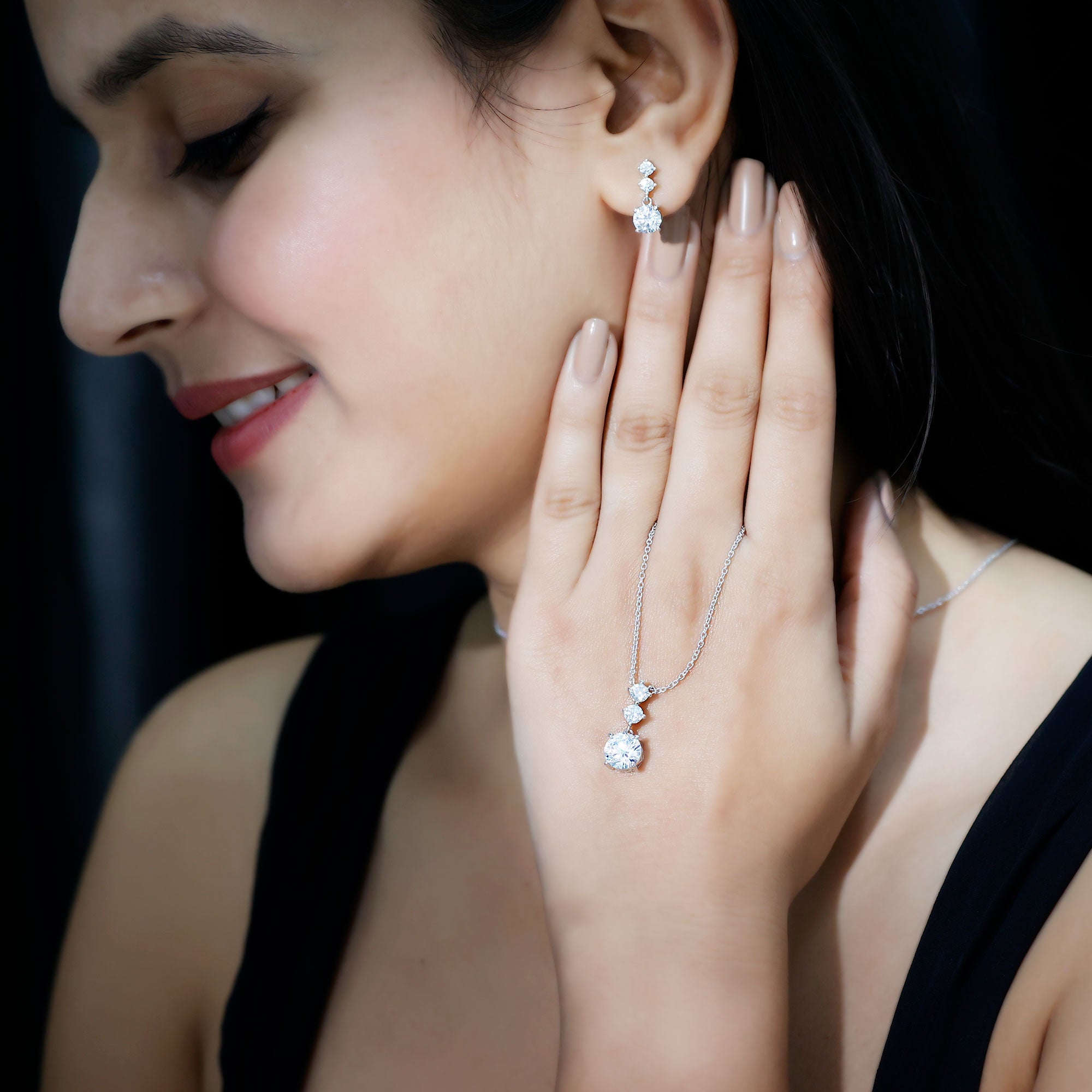 Cubic Zirconia Dangle Necklace and Earrings Set For Bride AAAAA - Rosec Jewels